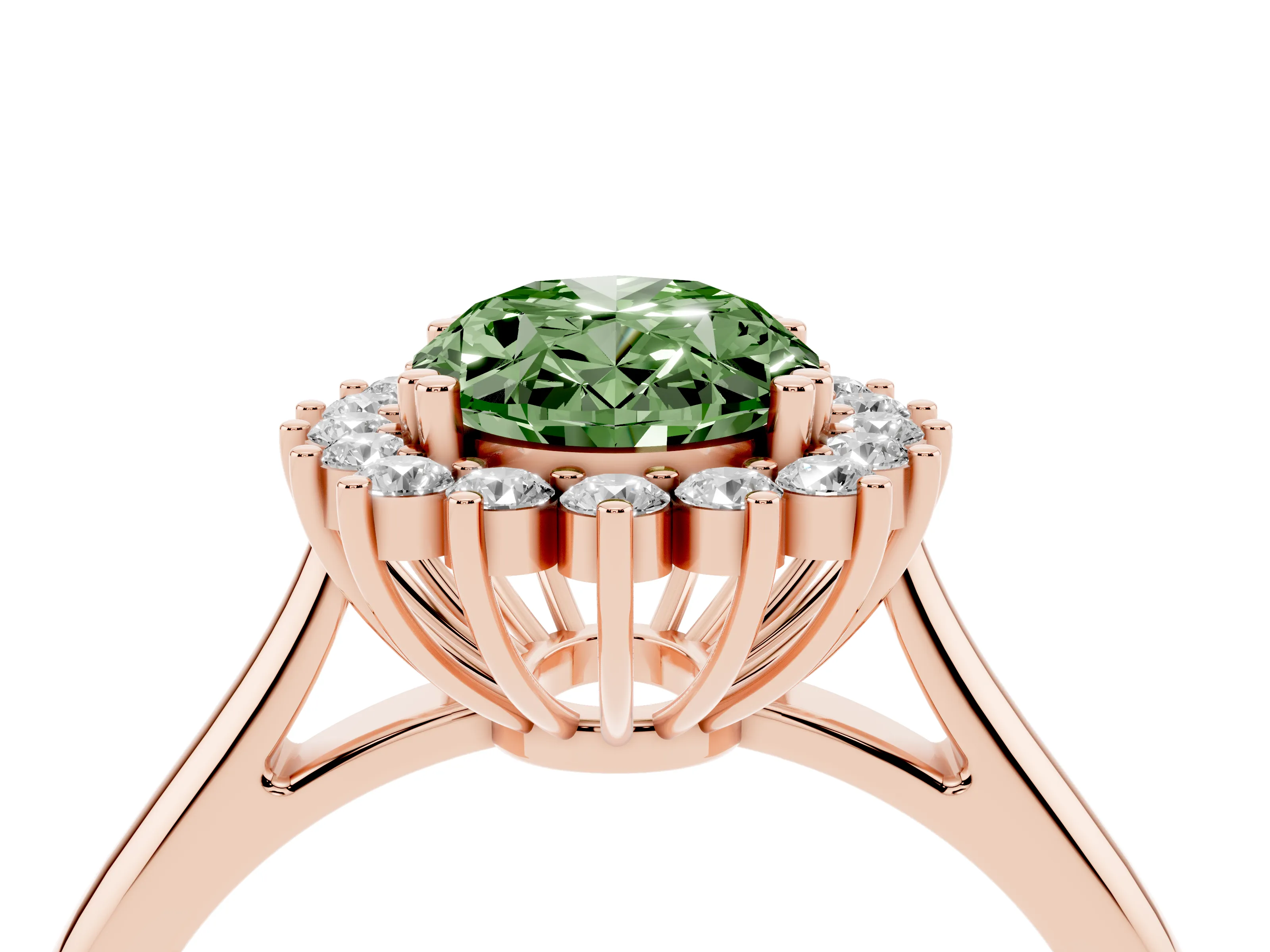 Fancy Green Oval Cut Diamond Halo Ring Set in Rose gold with Plain Solitaire Band and Prong Setting