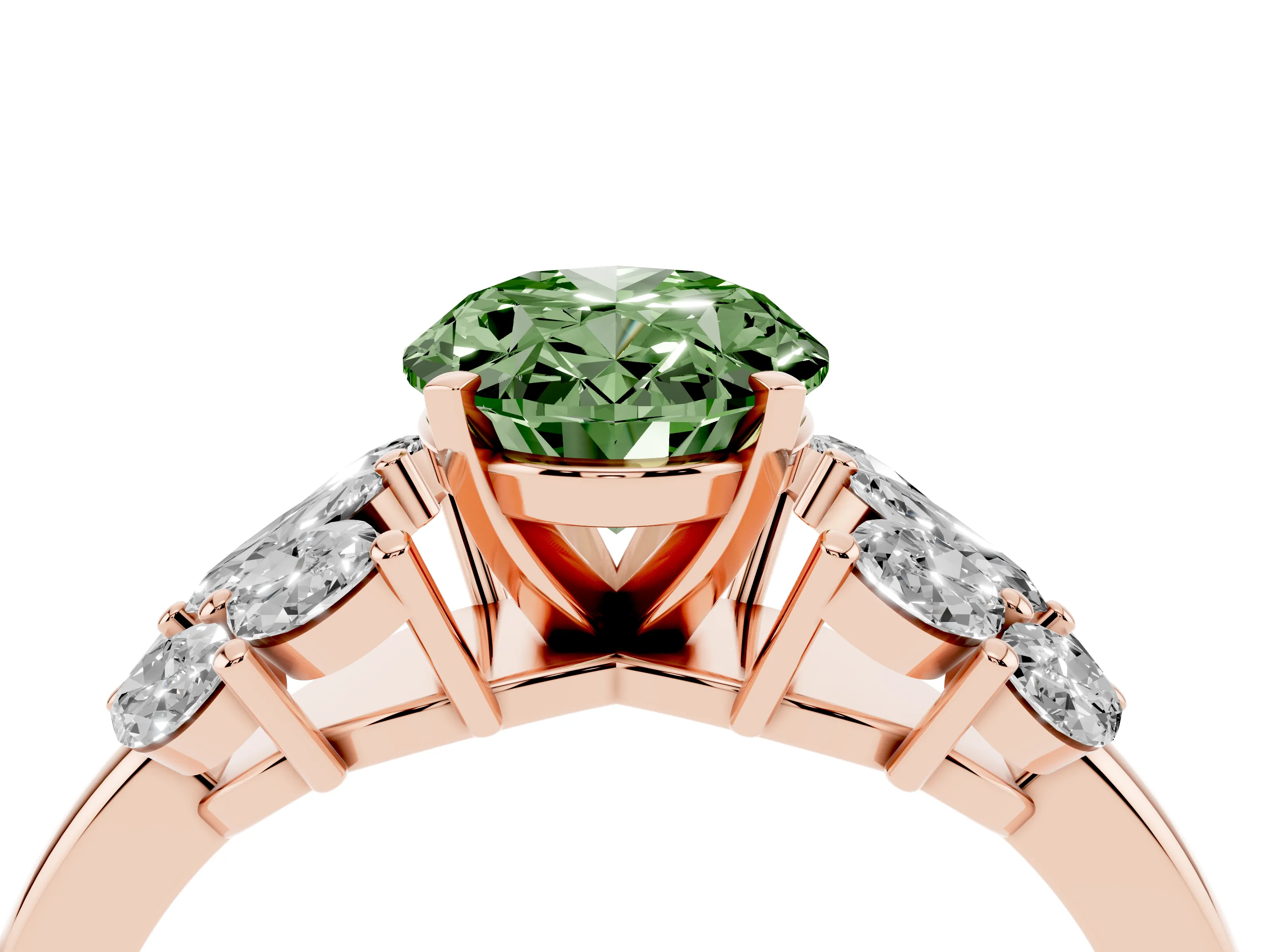 Fancy Green Oval Cut Diamond Cluster Leaf Design Ring Set in Rose gold with Prong Setting