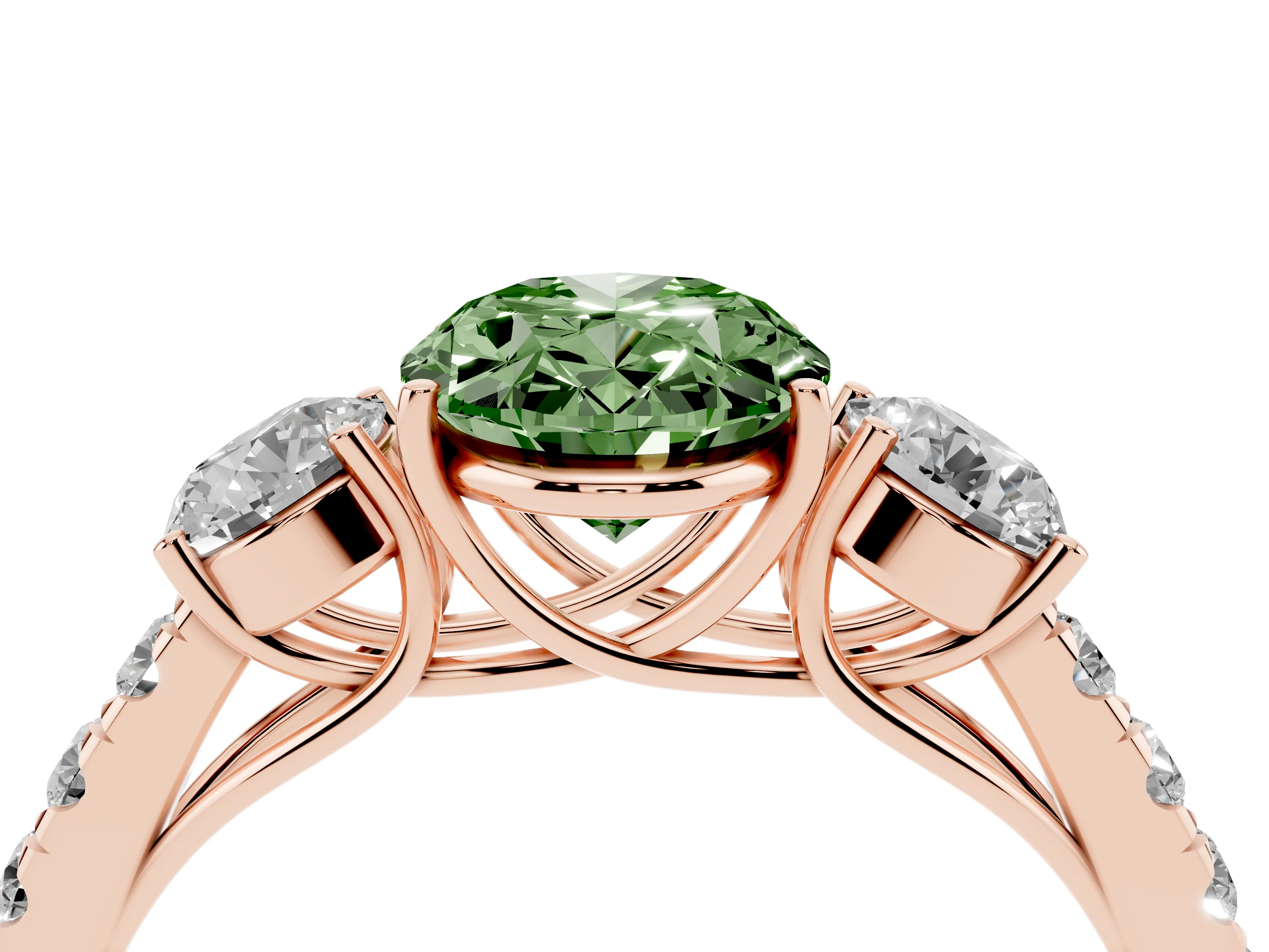 Fancy Green Oval Cut Diamond Three-Stone Ring Set in Rose gold with Round Side Stones and Delicate Pavé Band