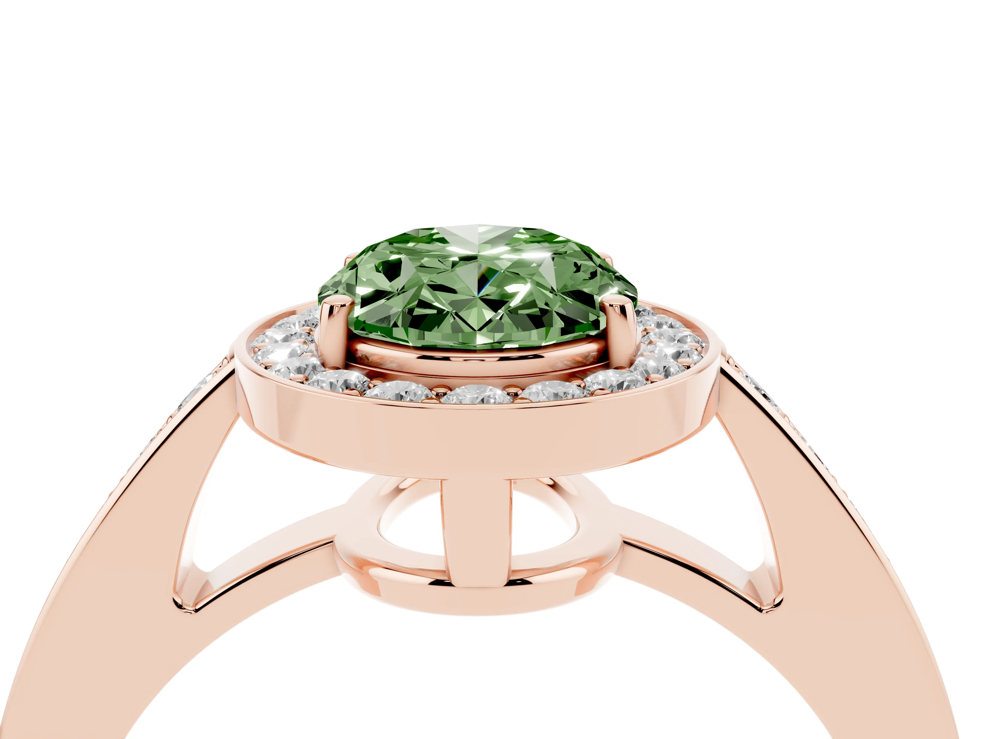Fancy Green Oval Cut Diamond Halo Pavé Engagement Ring Set in Rose gold with Bezel Setting