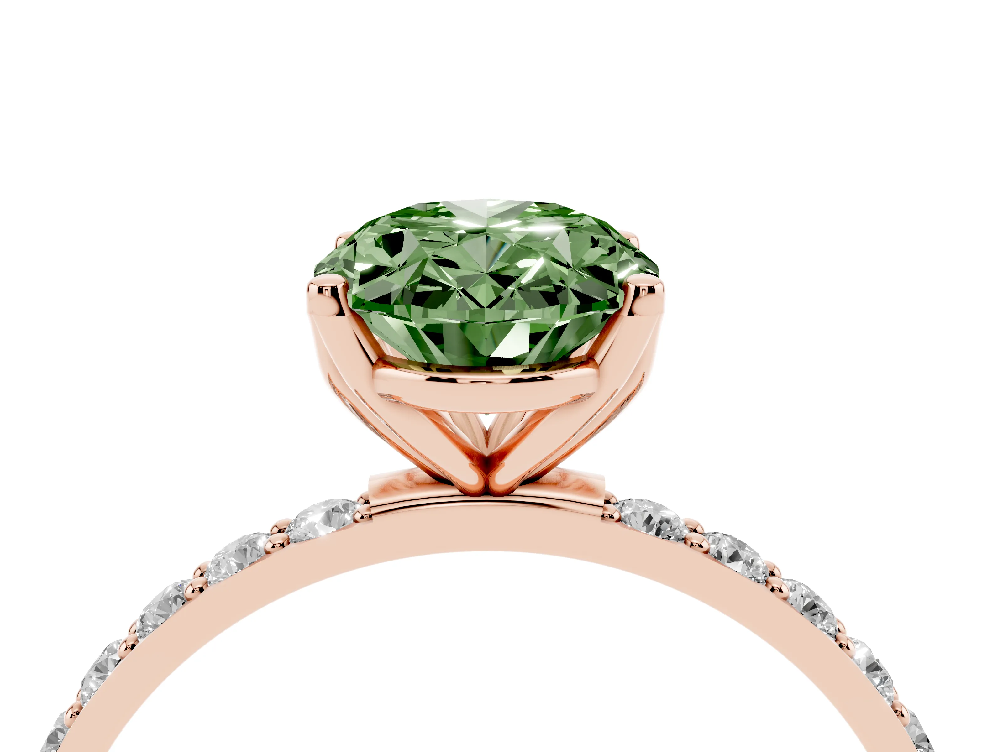 Fancy Green Oval Cut Diamond Solitaire Engagement Ring Set in Rose gold with Round Pavé Band and Prong Setting