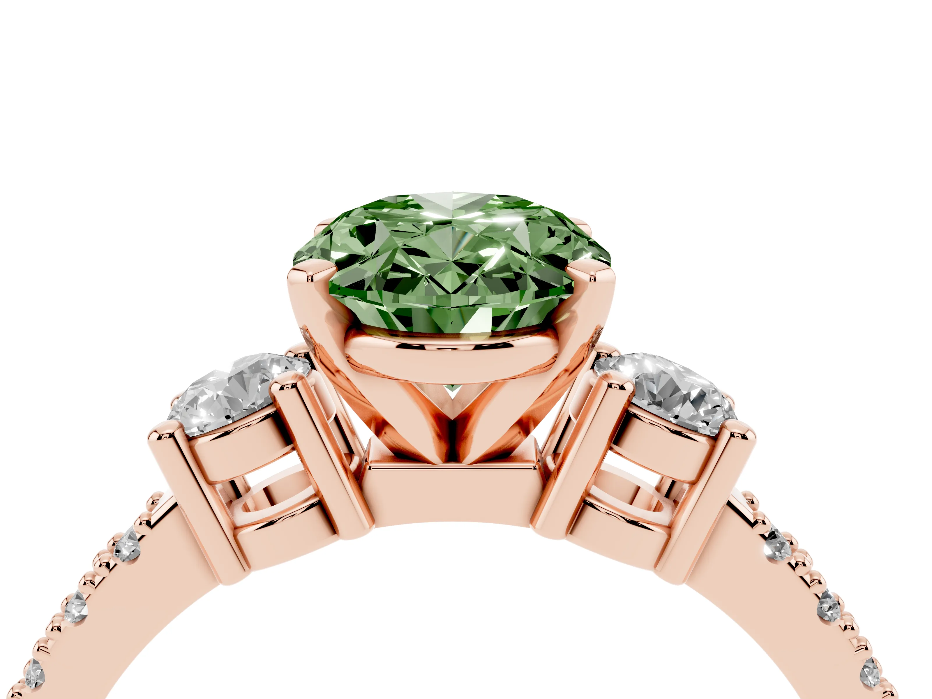 Fancy Green Three-Stone Oval Cut Diamond Pavé Band Ring Set in Rose gold with Prong Setting