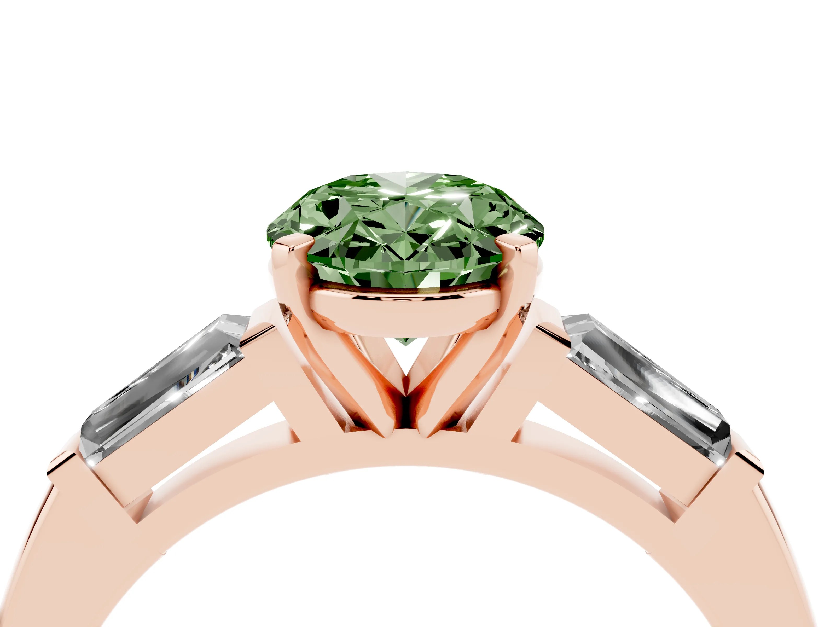 Fancy Green Oval Cut Diamond Solitaire Ring Set in Rose gold with Tapered Baguette Side Stones and Prong Setting