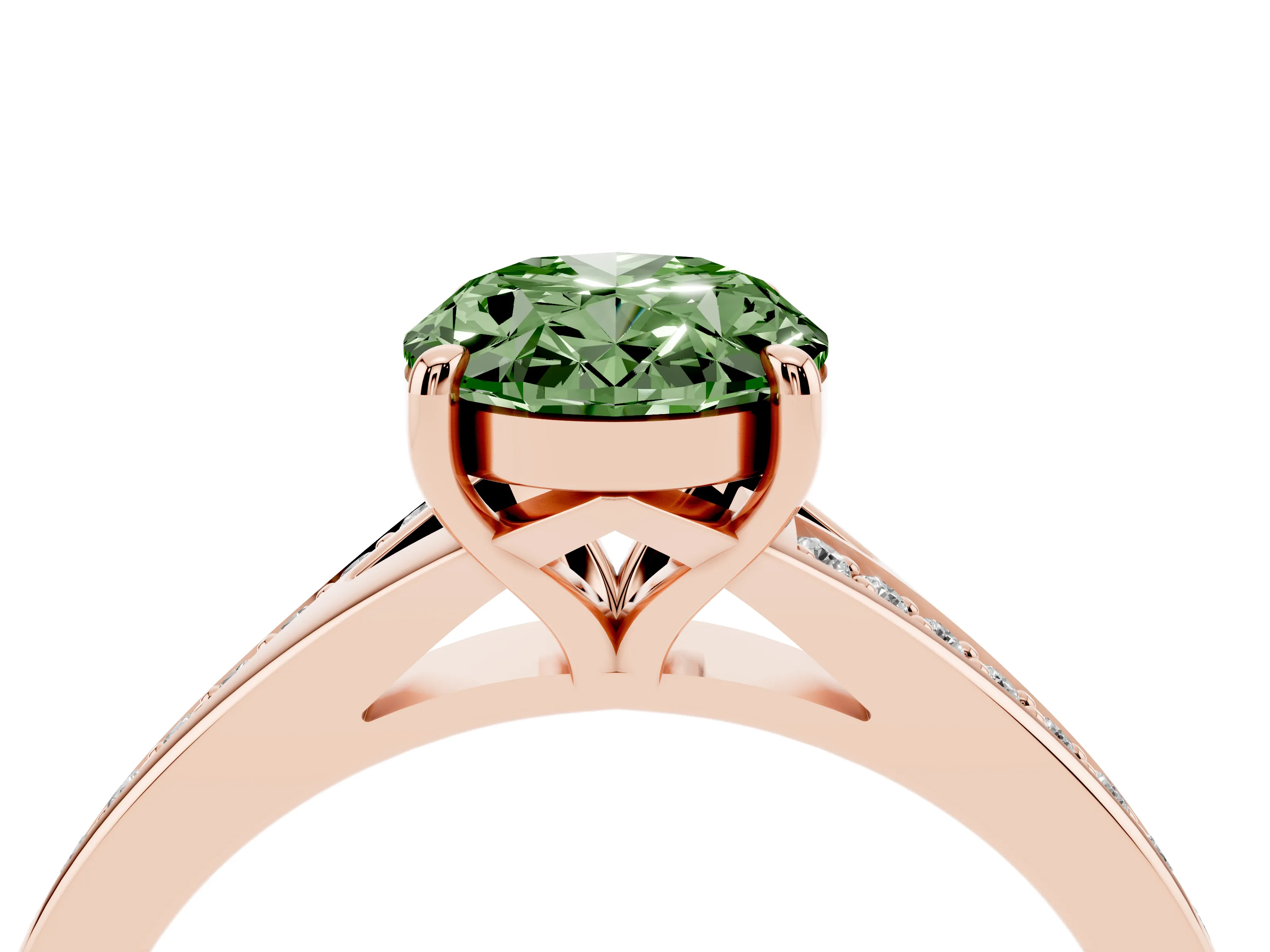 Fancy Green Oval Cut Diamond Solitaire Ring Set in Rose gold with Pavé Accent Band and Classic Prong Setting
