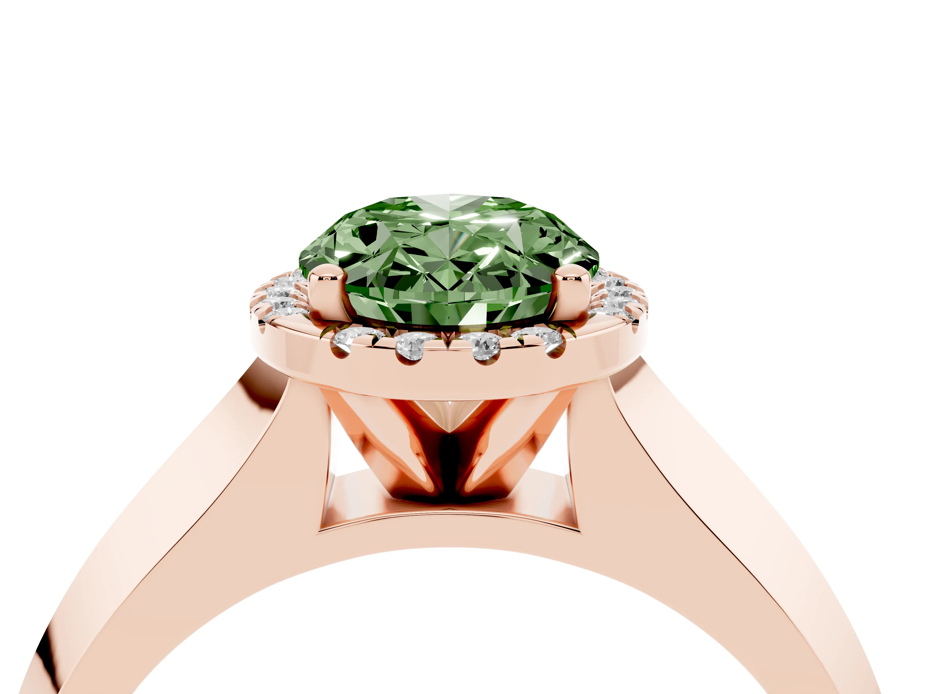 Fancy Green Oval Cut Diamond Halo Ring Set in Rose gold with Cathedral Band and Prong Setting