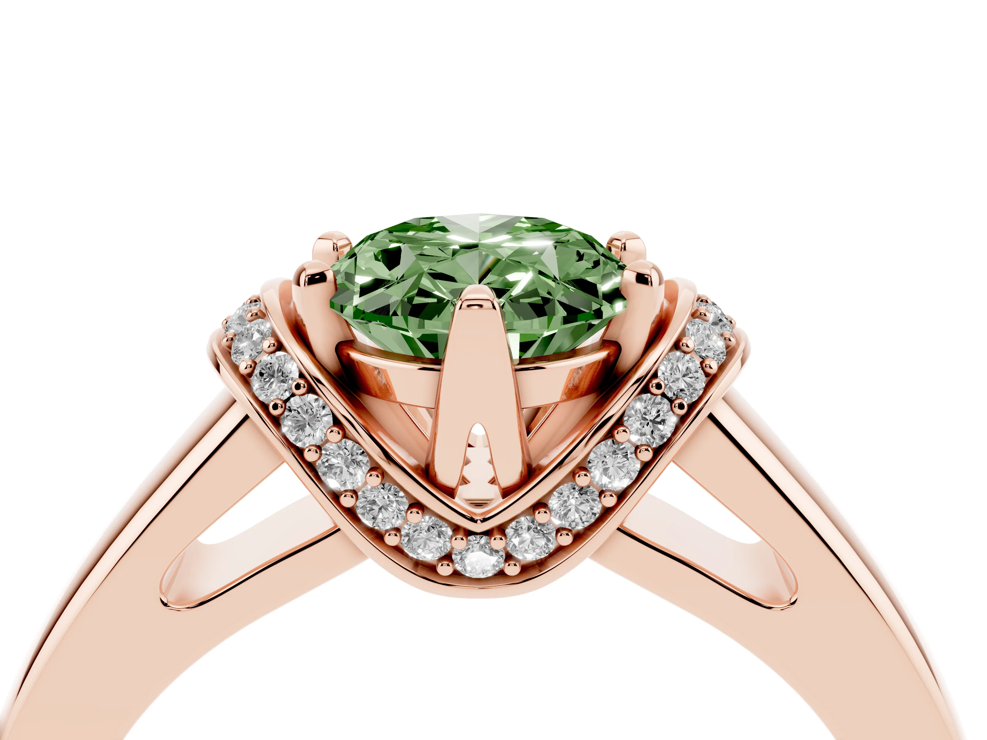 Fancy Green Oval Cut Diamond Pavé Band Solitaire Ring Set in Rose gold with Prong Setting