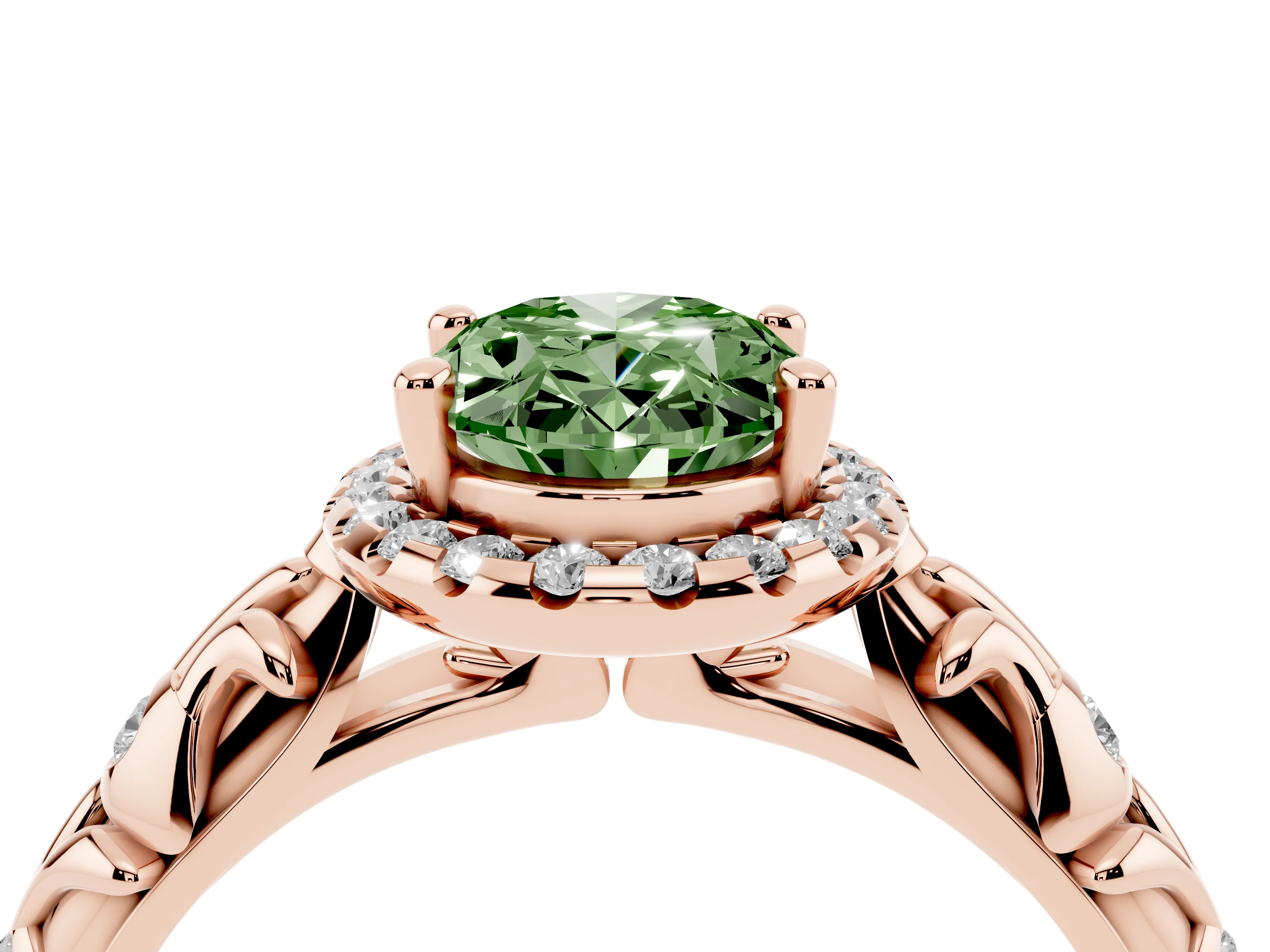Fancy Green Oval Cut Diamond Halo Ring Set in Rose gold with Filigree Leaf Band and Prong Setting