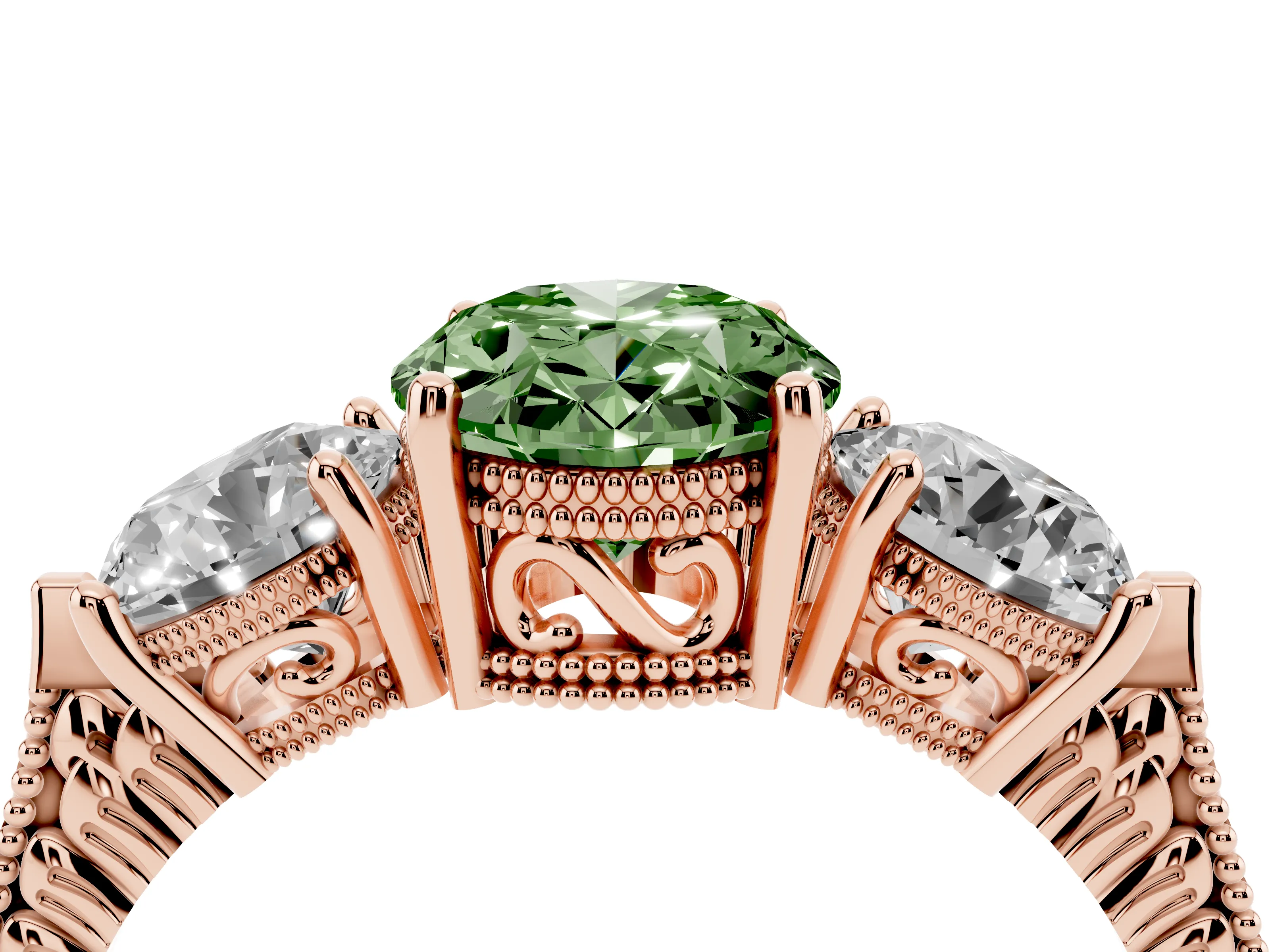 Fancy Green Oval Cut Diamond Three-Stone Ring Set in Rose gold with Milgrain Band