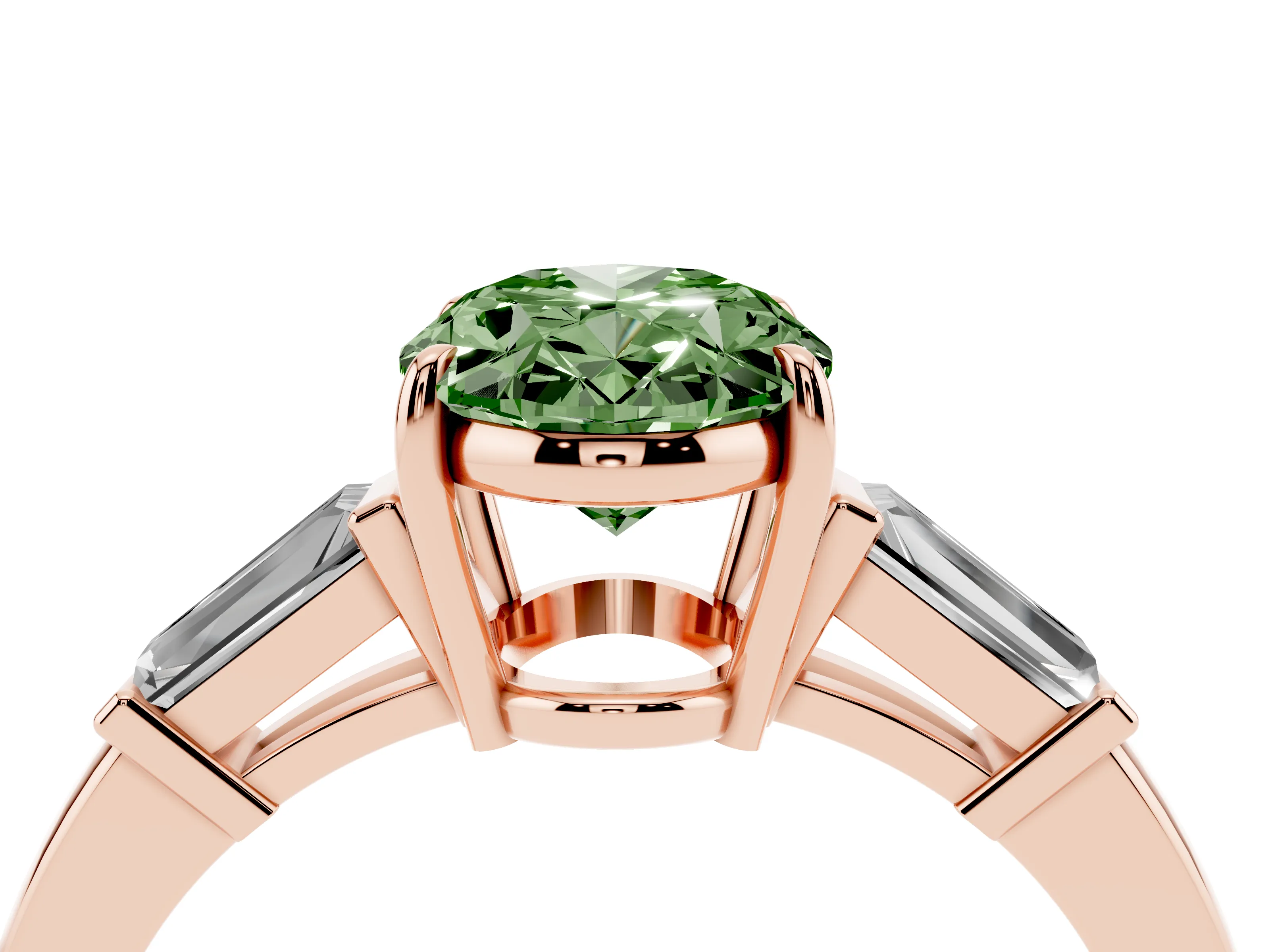 Fancy Green Oval Cut Diamond Three-Stone Ring Set in Rose gold with Tapered Baguette Side Stones and Prong Setting
