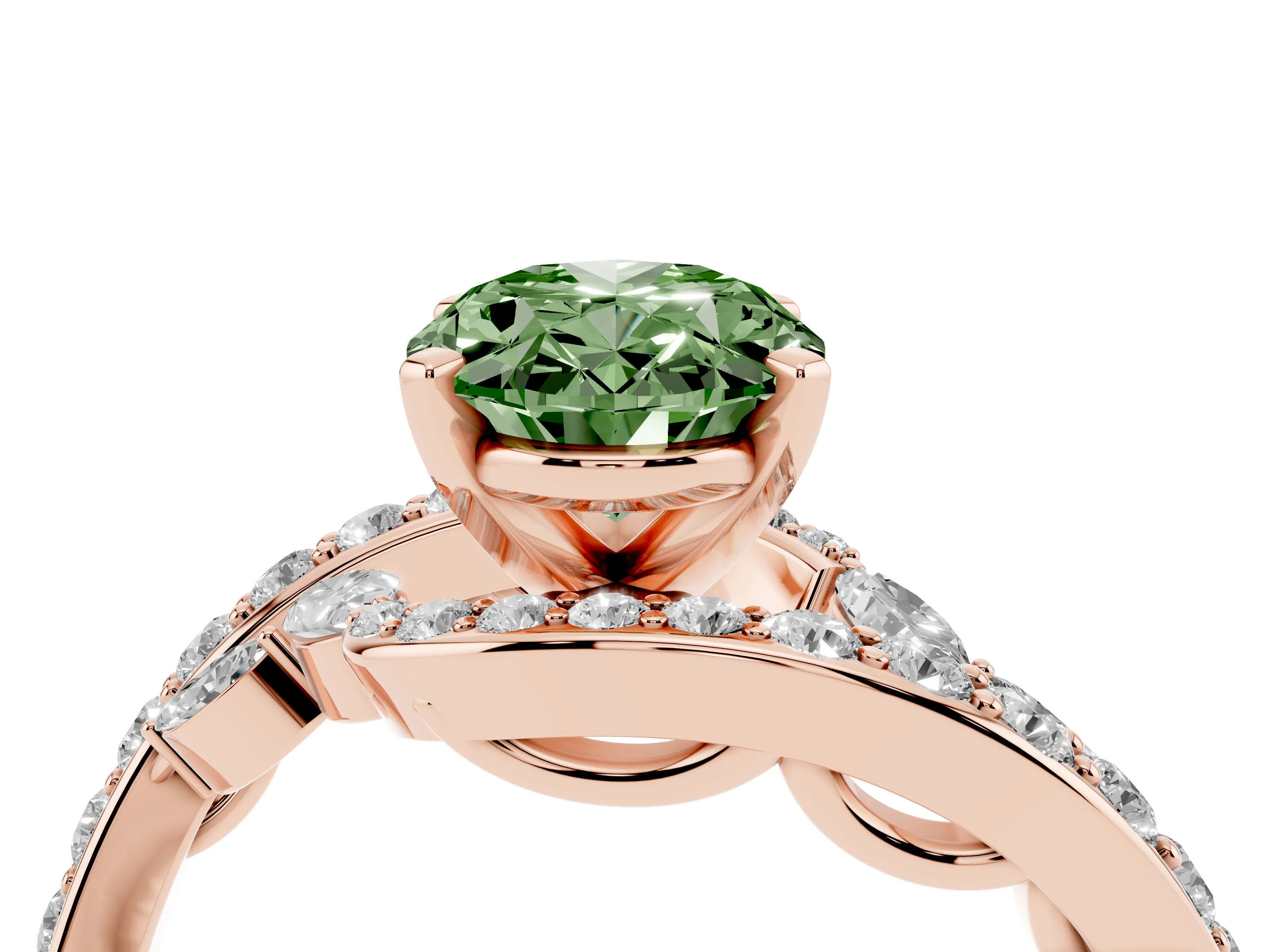 Fancy Green Oval Cut Diamond Solitaire Ring Set in Rose gold with Pavé Twist Band and Secure Prong Setting