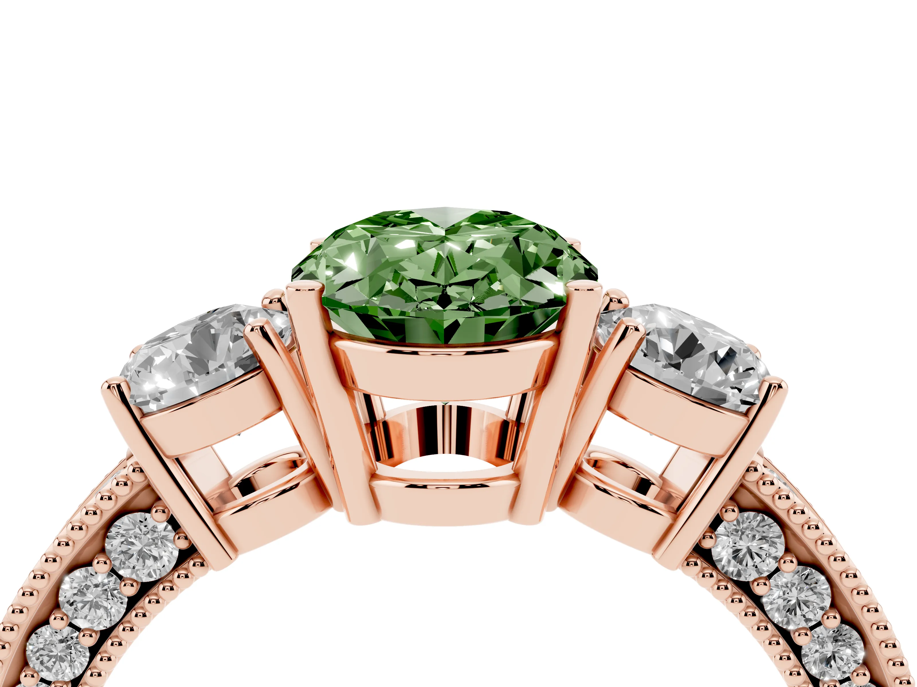 Fancy Green Oval Cut Diamond Three-Stone Ring Set in Rose gold with Round Side Stones and Pavé Band