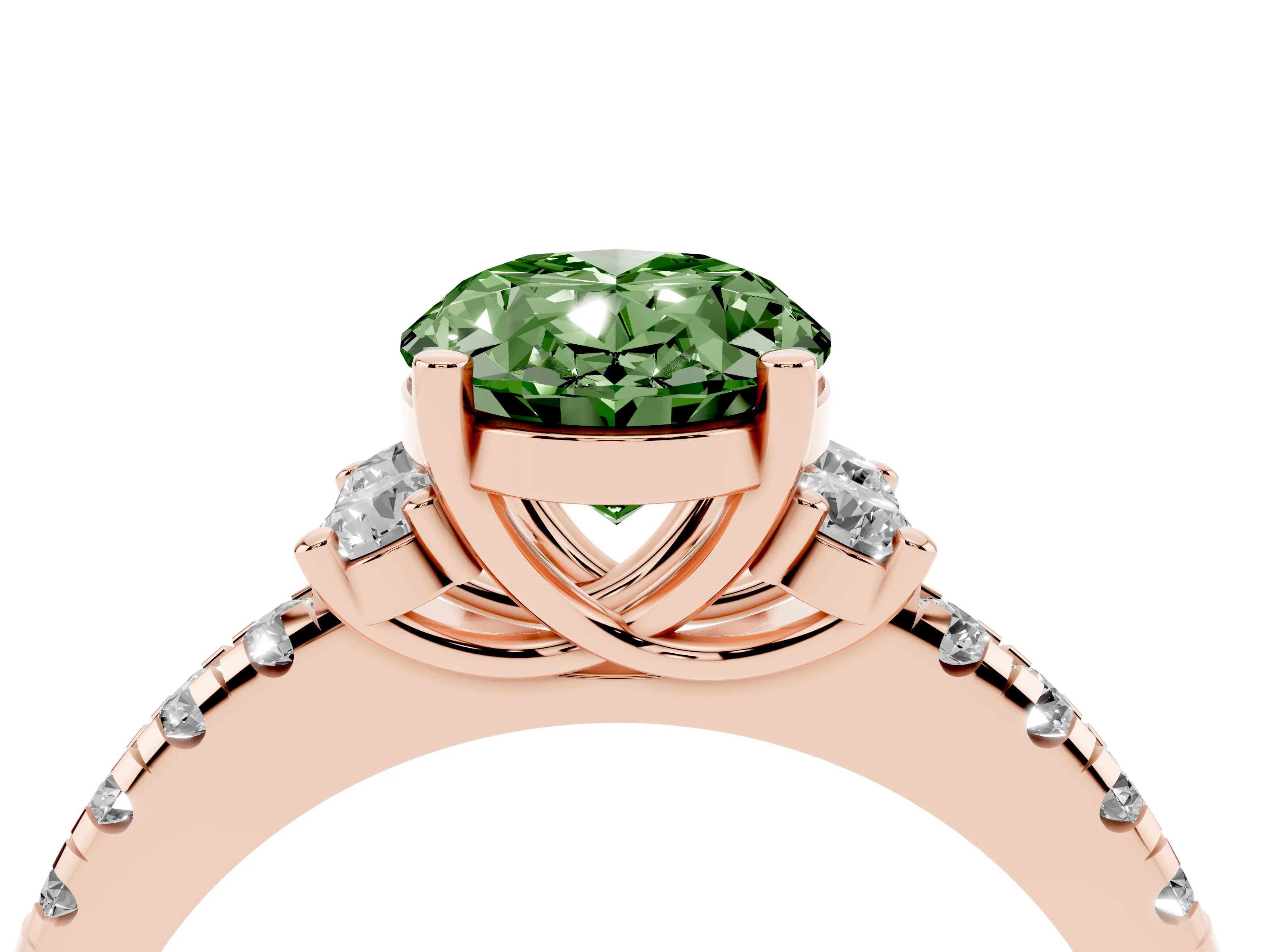 Fancy Green Oval Cut Diamond Three-Stone Pavé Ring Set in Rose gold with Prong Setting