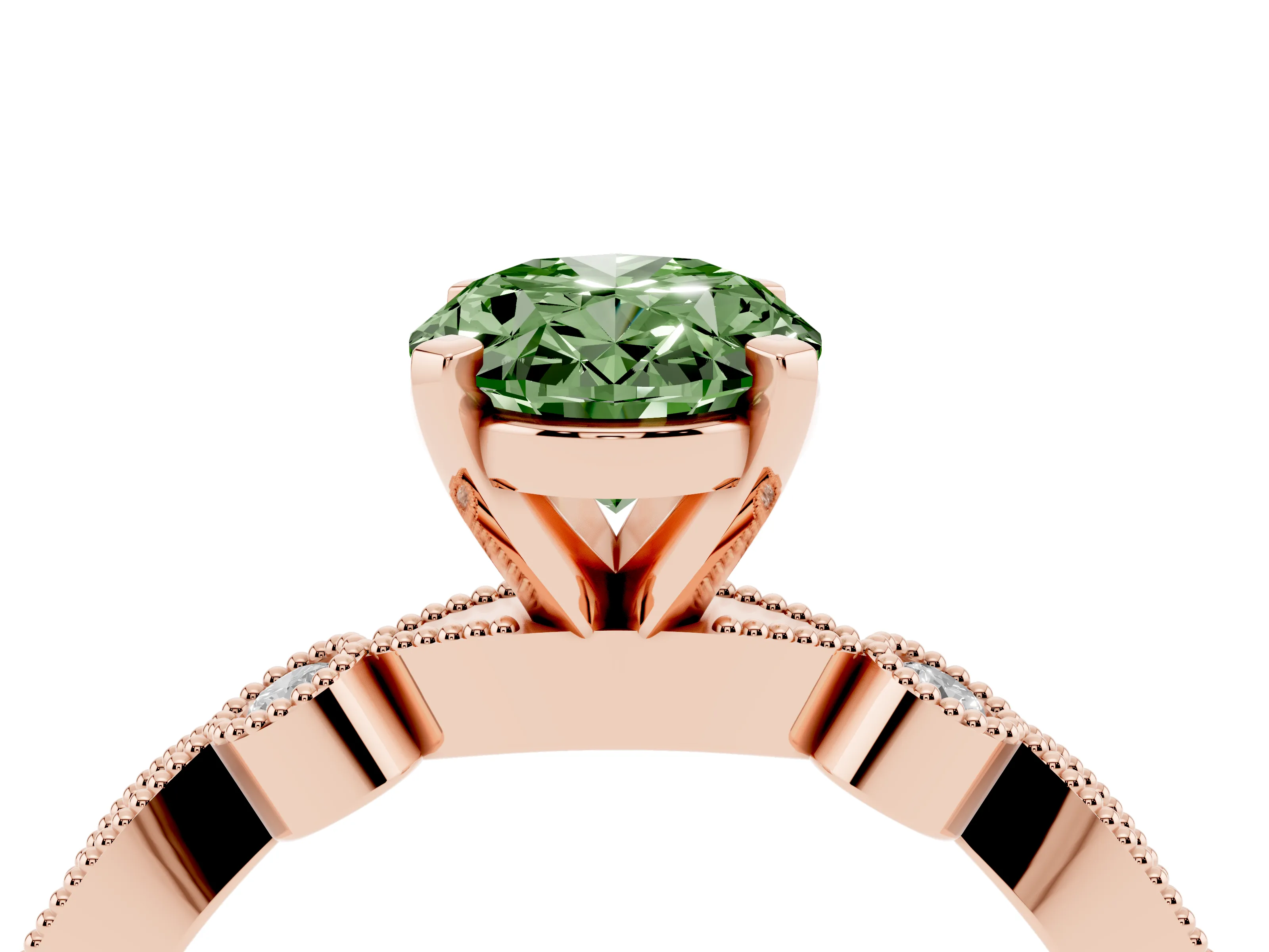 Fancy Green Oval Cut Diamond Solitaire Engagement Ring Set in Rose gold with Milgrain Bezel Accent Band