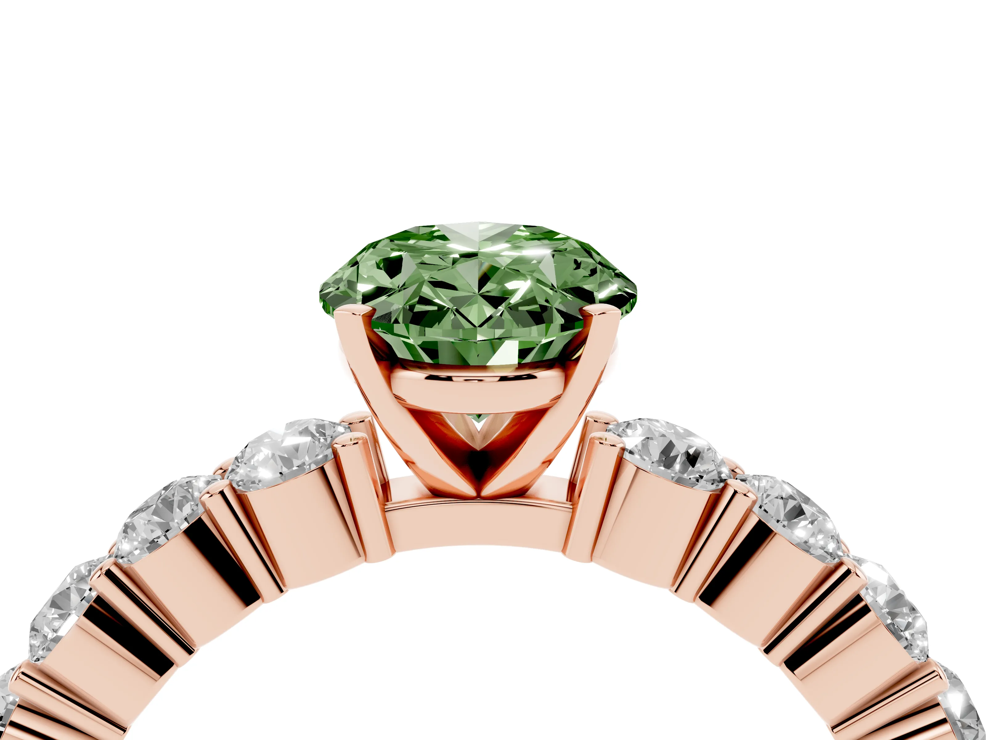 Fancy Green Oval Cut Diamond Solitaire Ring Set in Rose gold with Shared Prong Round Side Stones