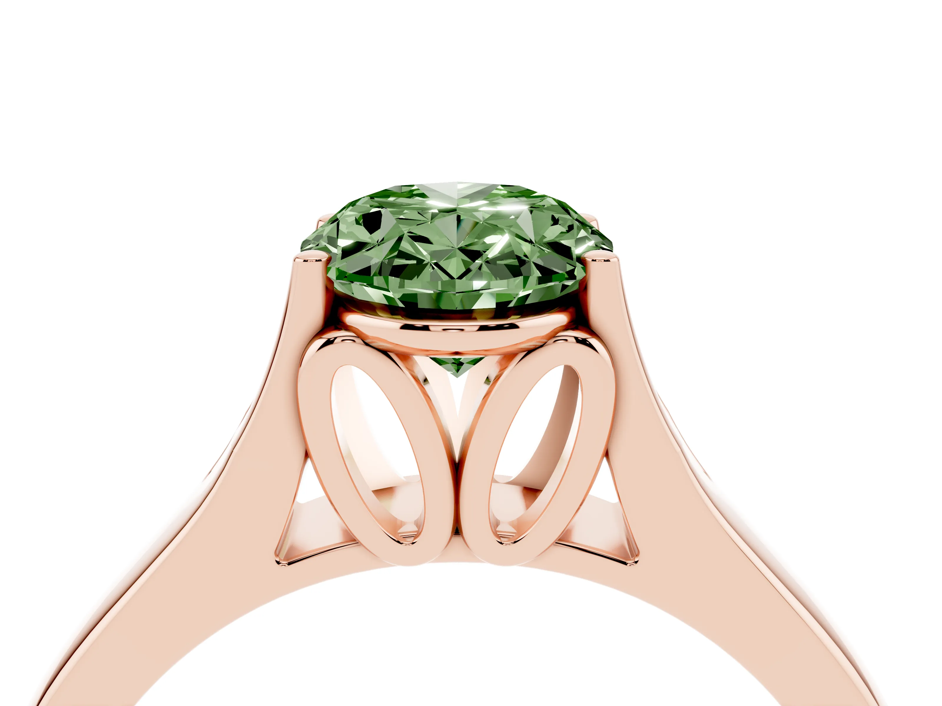 Fancy Green Oval Cut Diamond Solitaire Ring Set in Rose gold with Arched Cathedral Band and Prong Setting