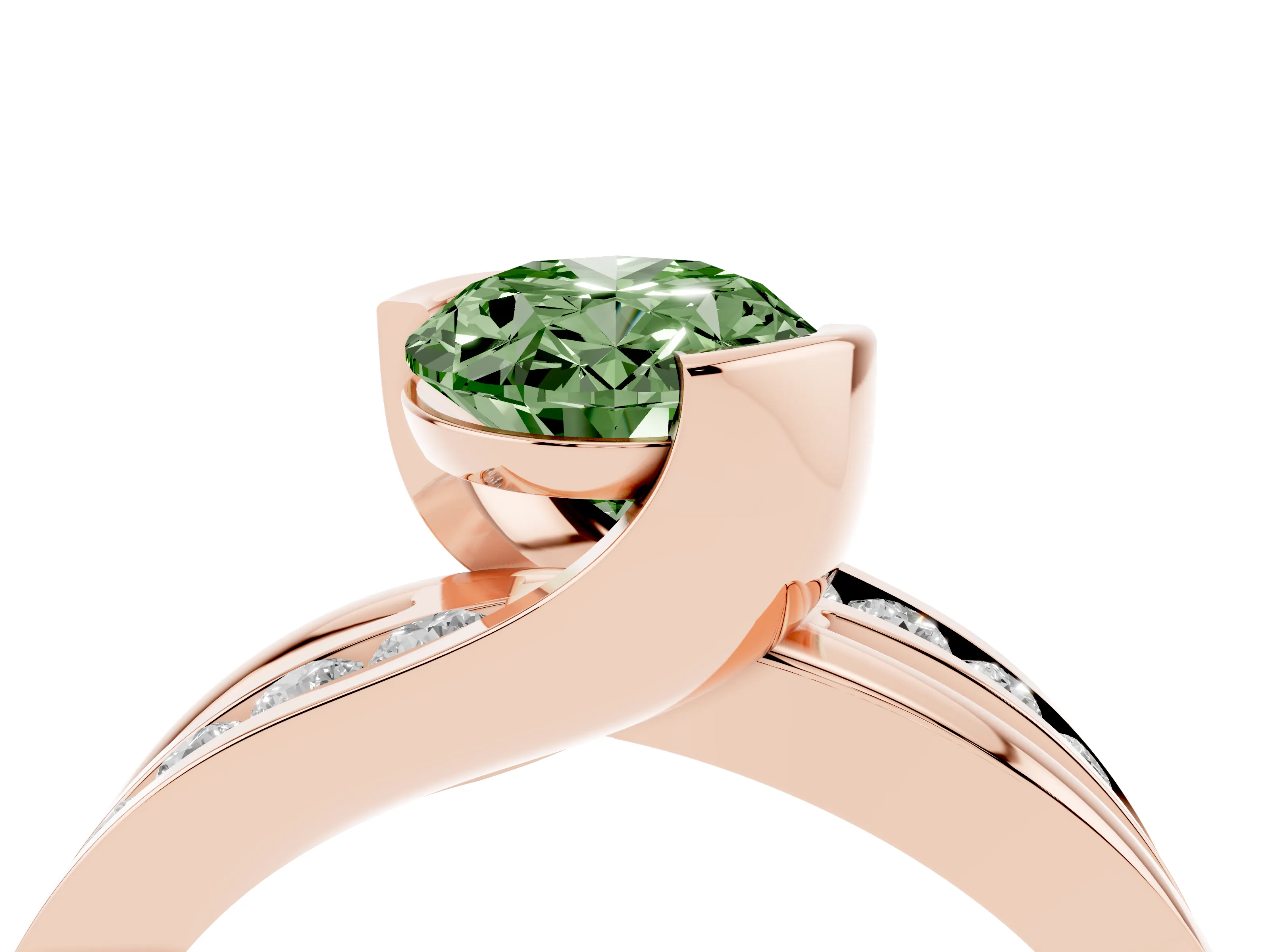 Fancy Green Oval Cut Diamond Solitaire Ring Set in Rose gold with Channel Set Split Shank and Tension Prongs