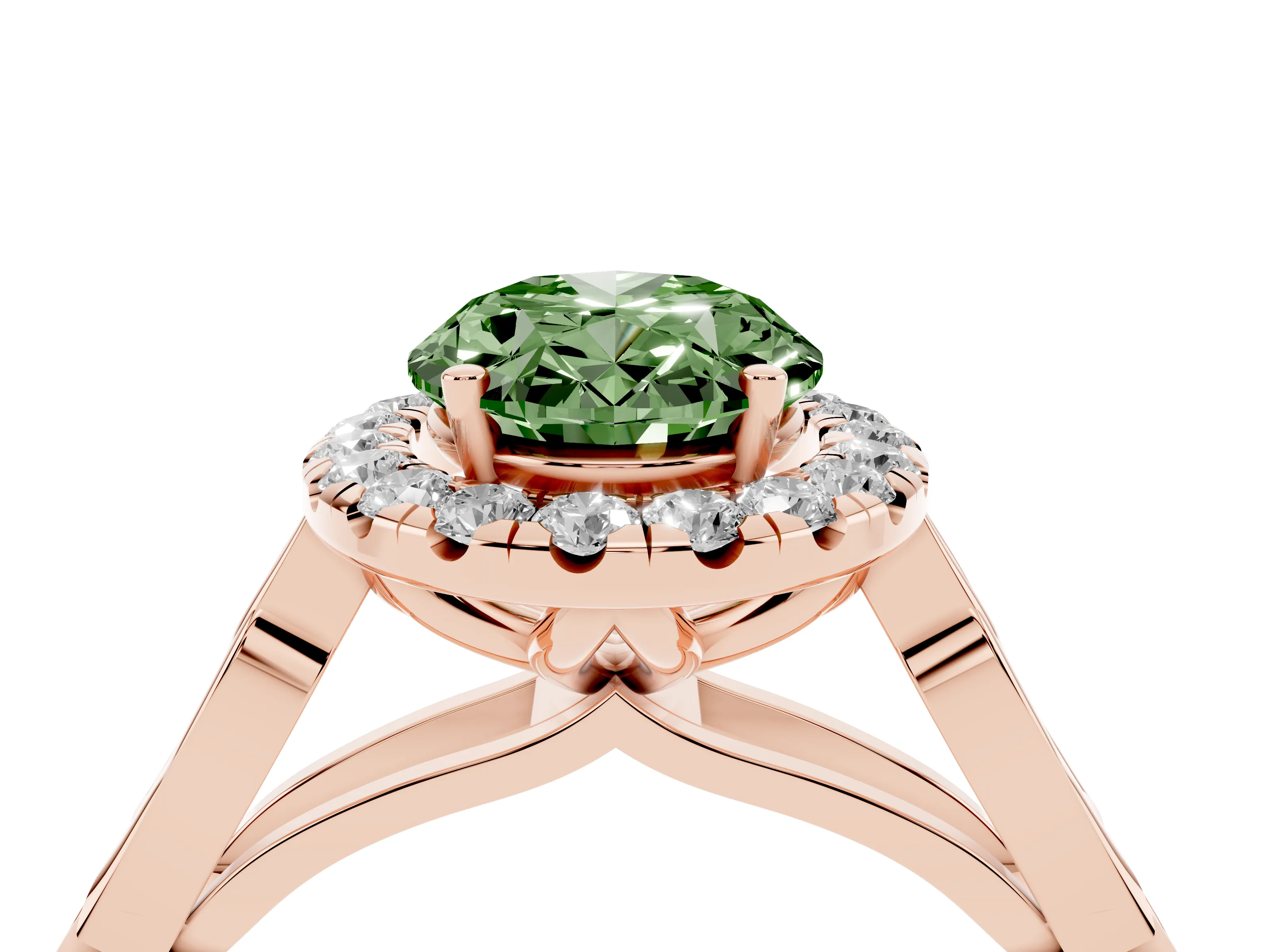 Fancy Green Oval Cut Diamond Halo Engagement Ring Set in Rose gold with Filigree Band and Prong-Set Center