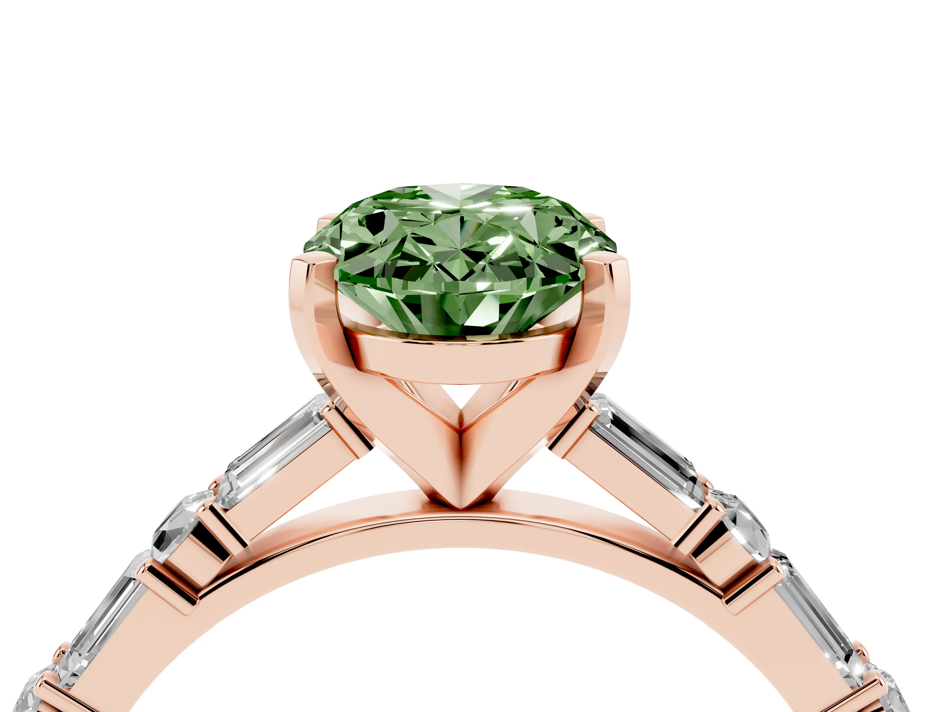 Fancy Green Oval Cut Diamond Solitaire Set in Rose gold with Side Baguettes and Channel Set Band