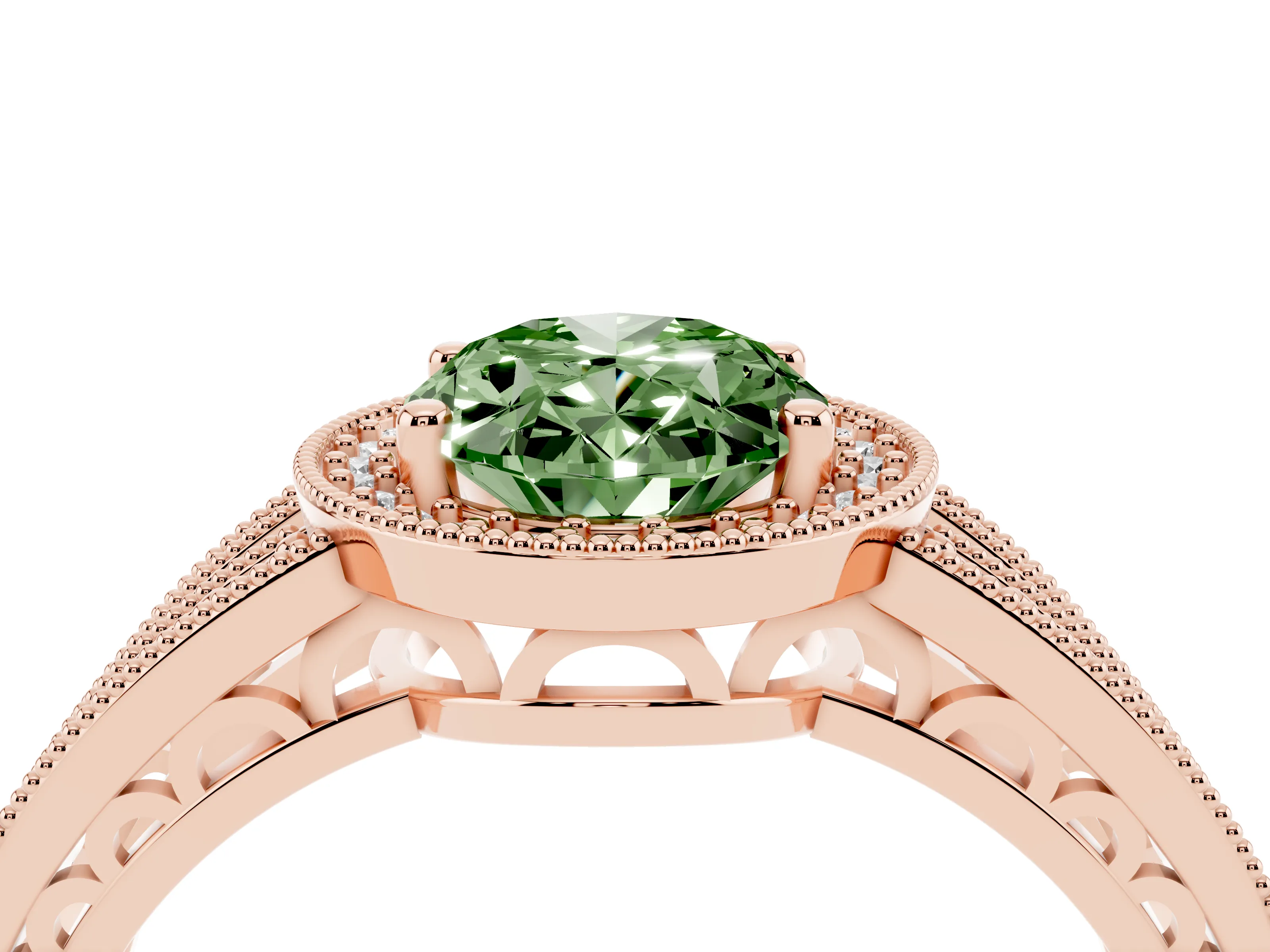 Fancy Green Oval Cut Diamond Halo Ring Set in Rose gold with Accent Split Shank and Prong Setting