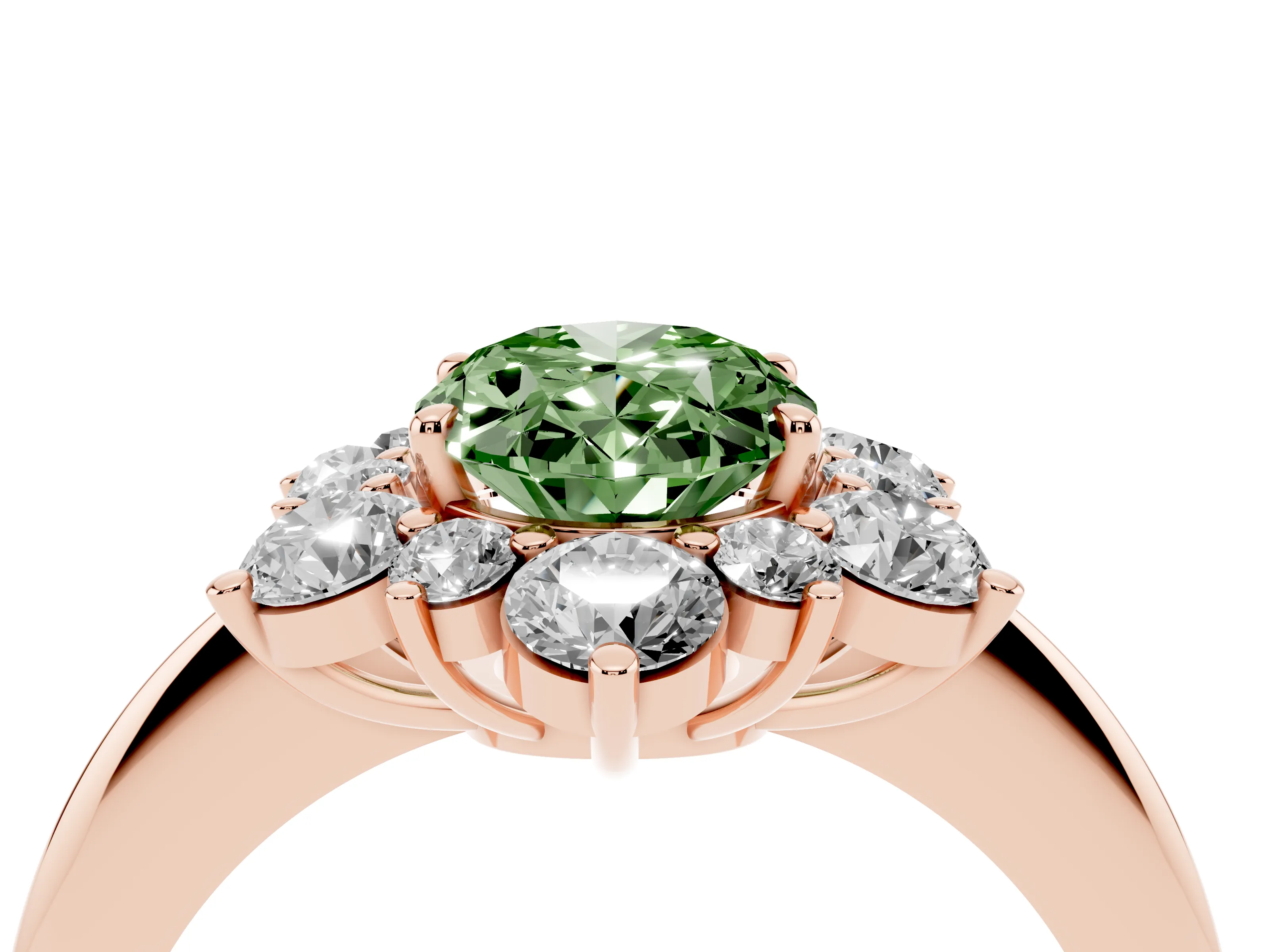 Fancy Green Oval Cut Diamond Cluster Halo Ring Set in Rose gold with Solitaire Band and Prong Setting