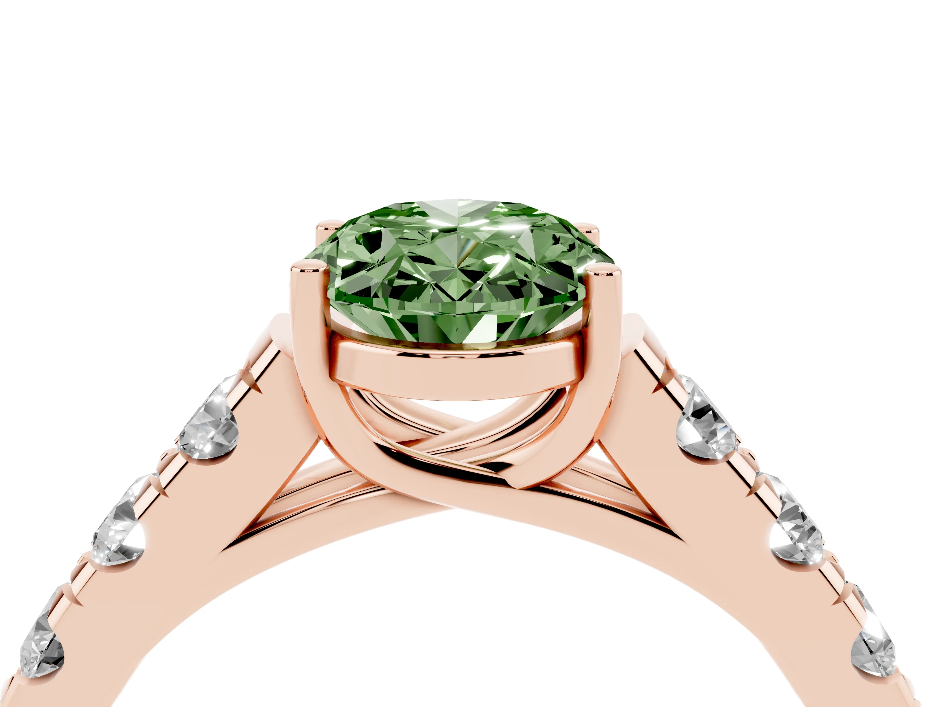 Fancy Green Oval Cut Diamond Solitaire Ring Set in Rose gold with Cut-Down Micro Pavé Band and Prong Setting