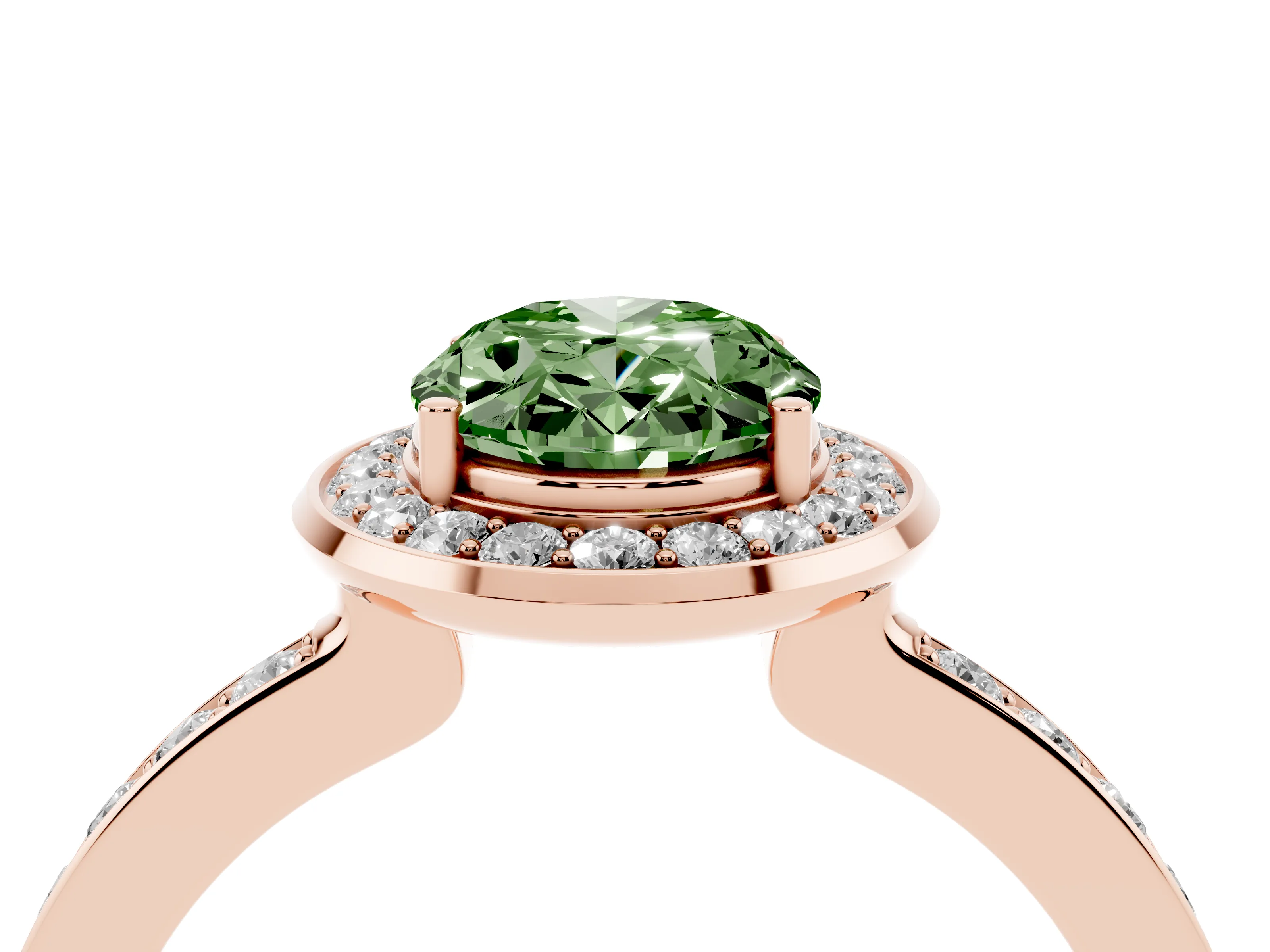 Fancy Green Oval Cut Diamond Halo Ring Set in Rose gold with Bezel Frame and Pavé Band