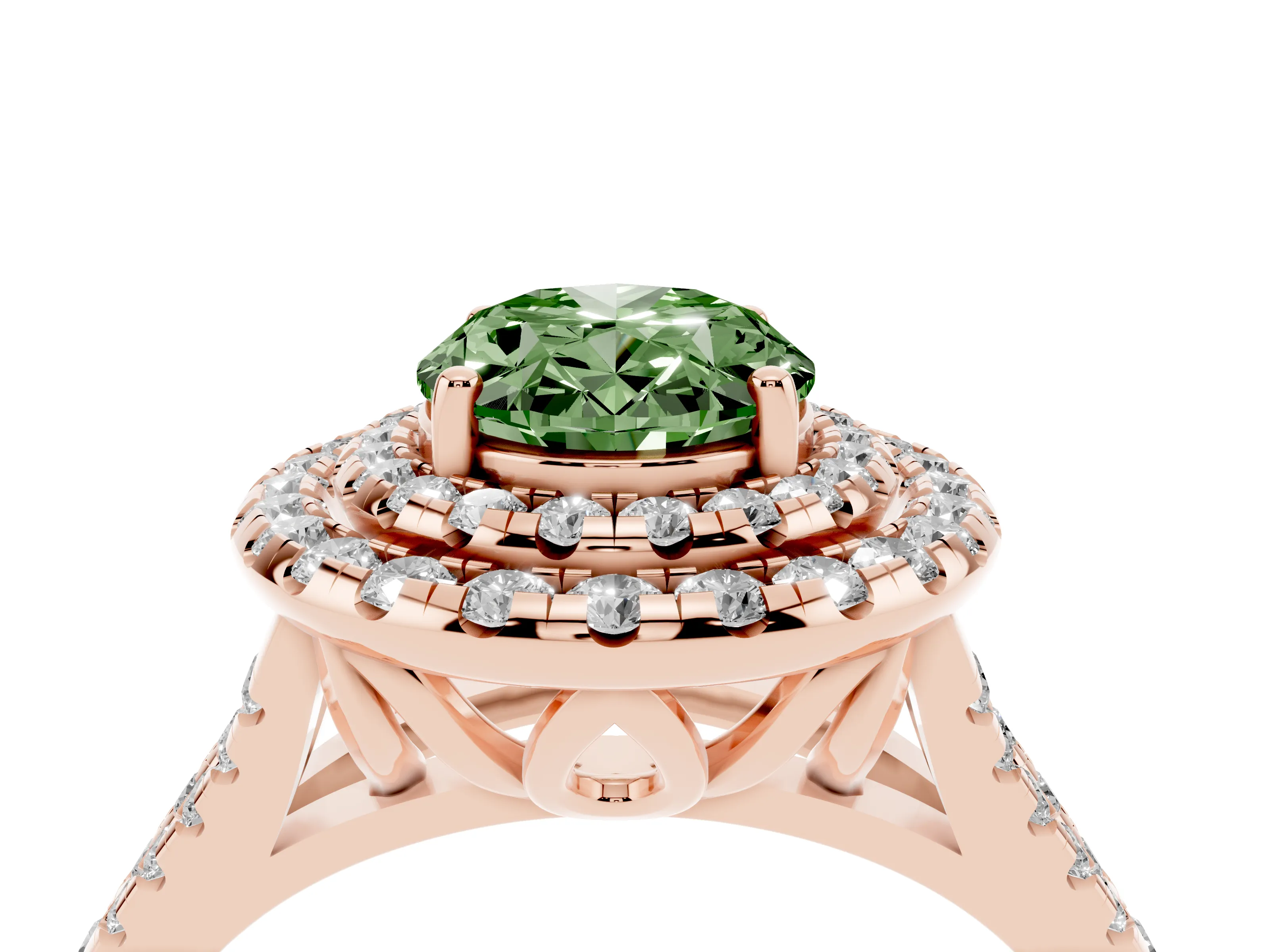 Fancy Green Oval Cut Diamond Double Halo Ring Set in Rose gold with Pavé Split Shank and Prong Setting