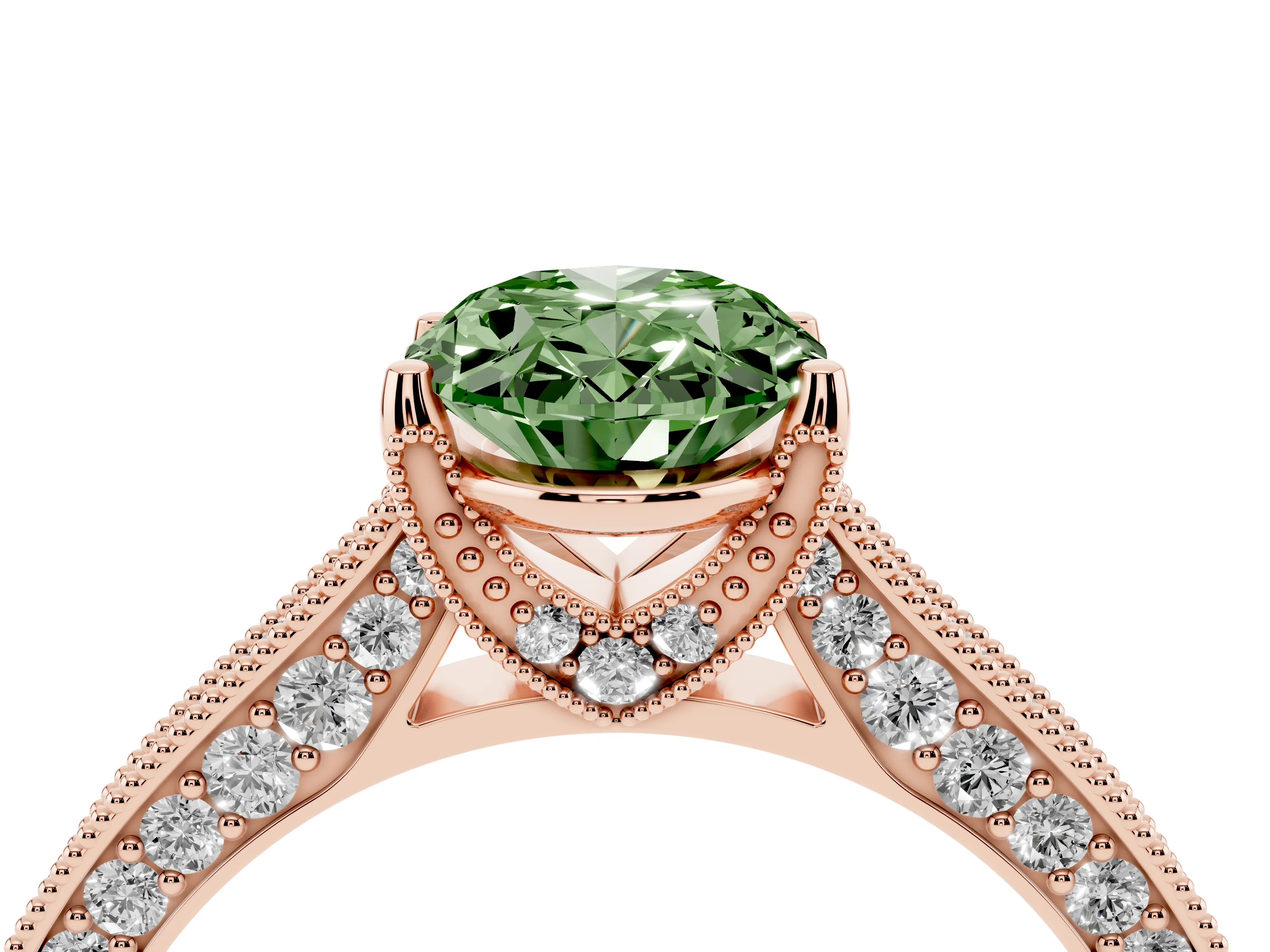 Fancy Green Oval Cut Diamond Solitaire Ring Set in Rose gold with Milgrain-Edged Pavé Band and Prong Setting