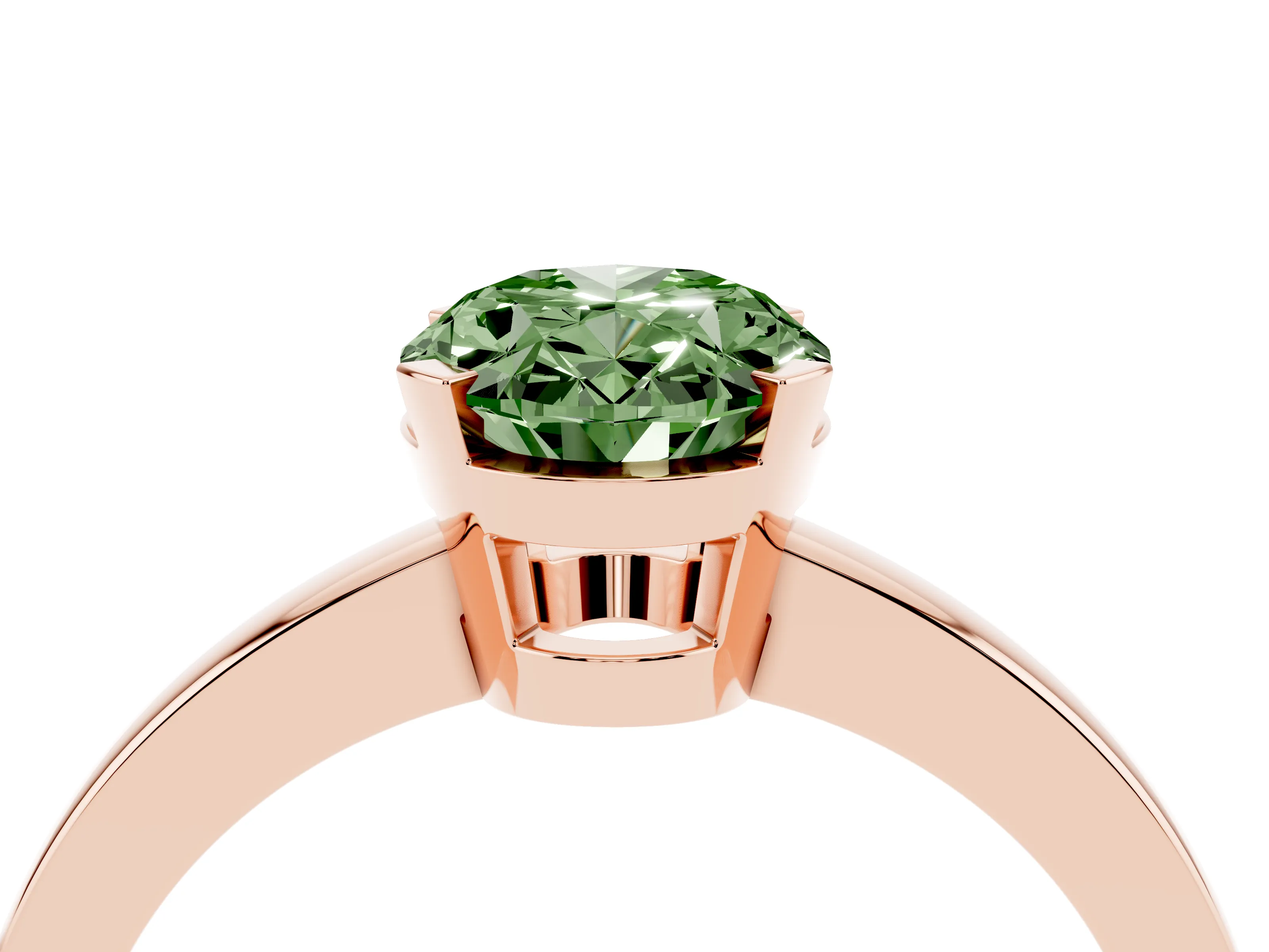 Fancy Green Oval Cut Diamond Solitaire Ring Set in Rose gold with Prong Head and Smooth Polished Band