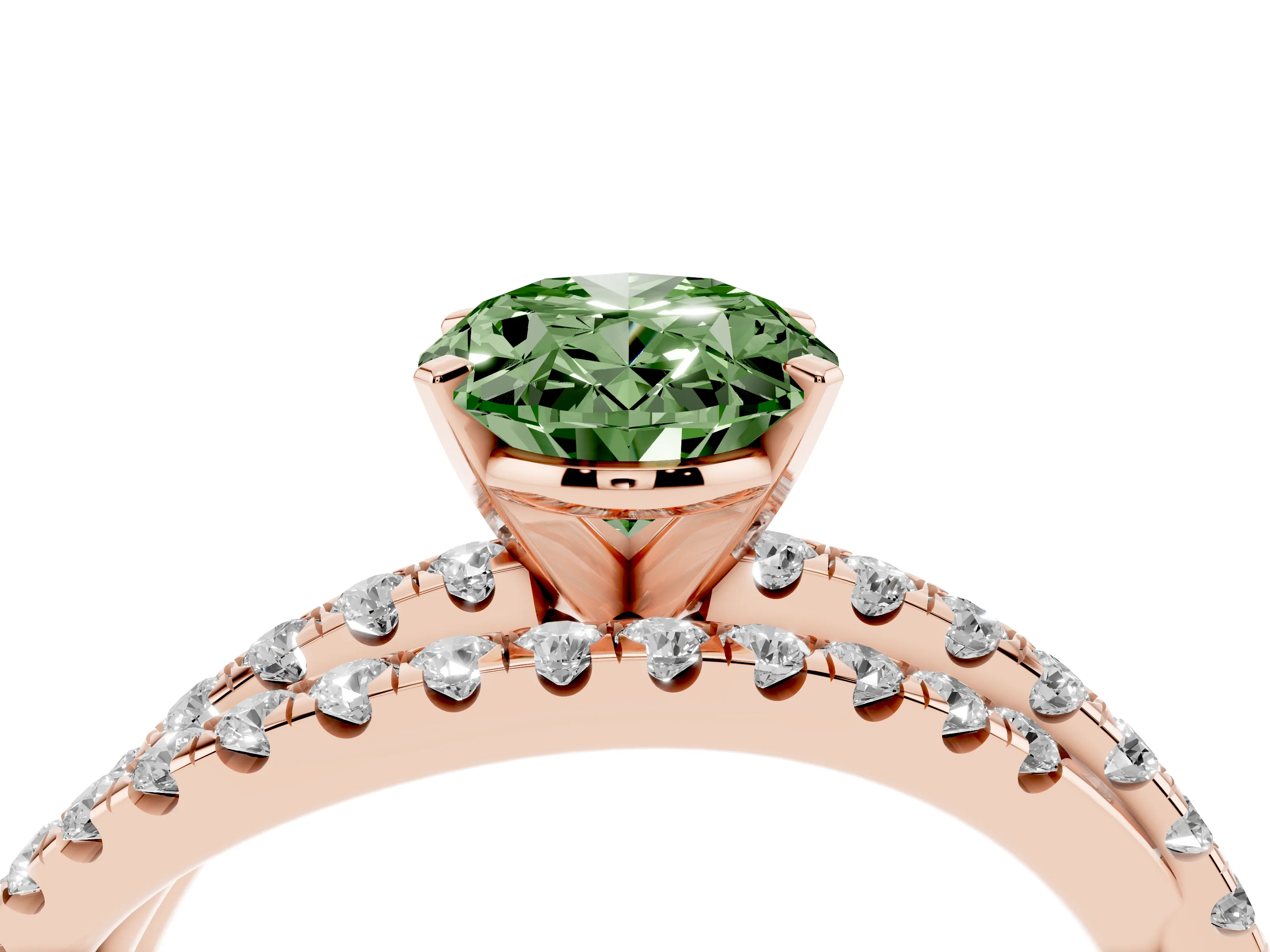 Fancy Green Oval Cut Diamond Solitaire Twist Band Ring Set in Rose gold with Pavé Setting and Prong Head