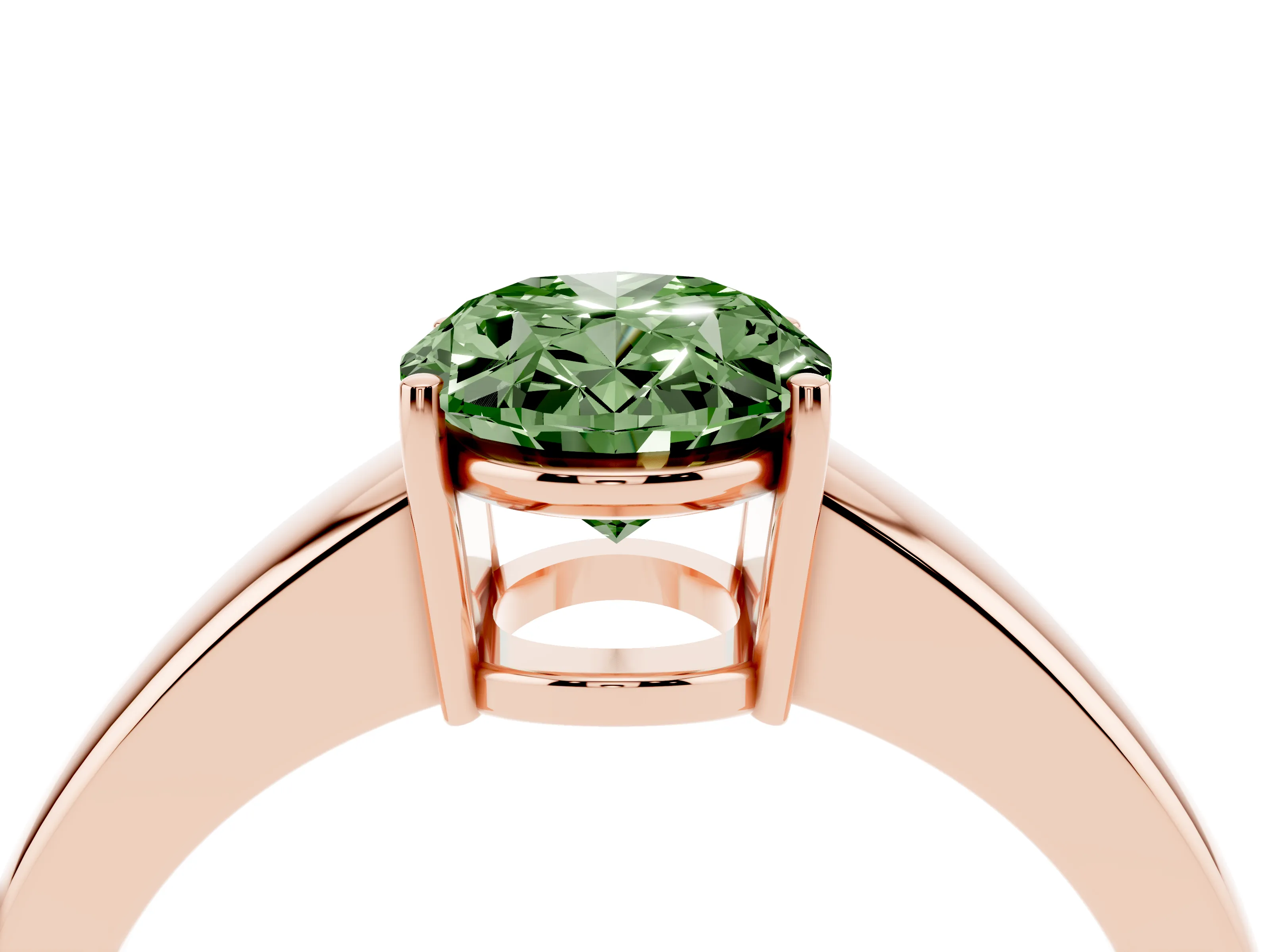 Fancy Green Oval Cut Diamond Solitaire Ring Set in Rose gold with Tapered Band and Prong Setting
