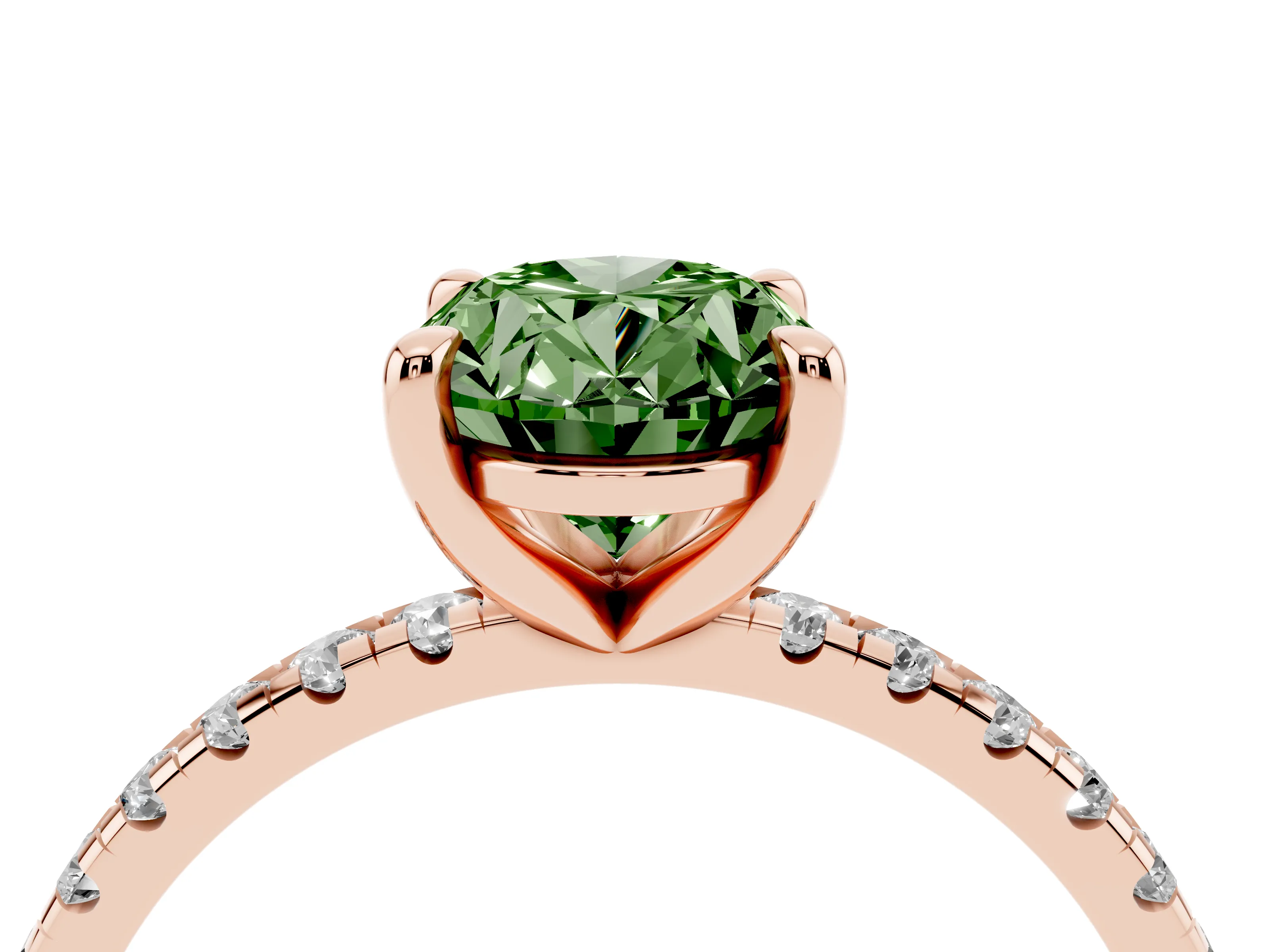 Fancy Green Oval Cut Diamond Brilliant Solitaire Ring Set in Rose gold with Pavé Band and Prong Setting