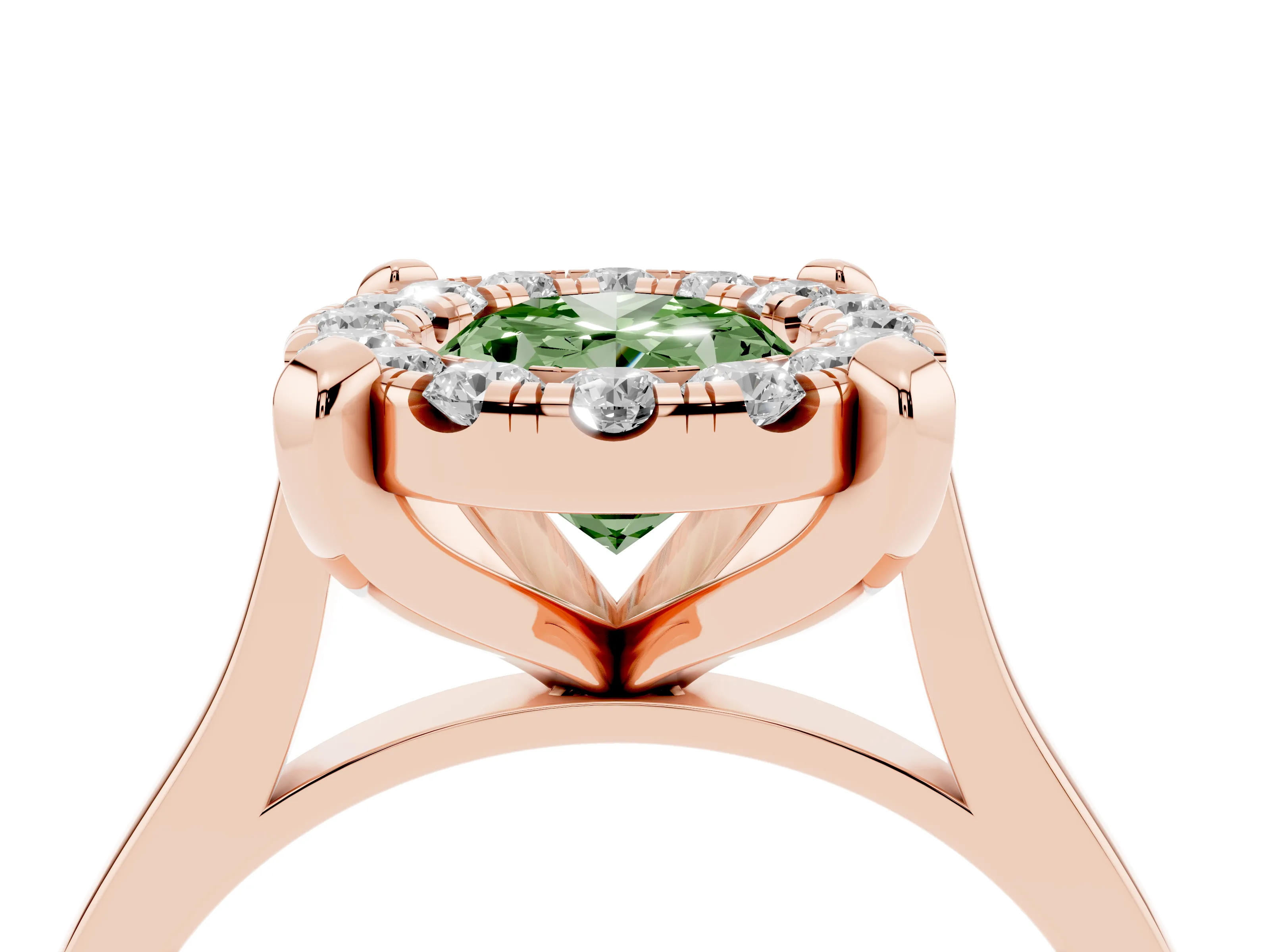 Fancy Green Oval Cut Diamond Cluster Halo Solitaire Ring Set in Rose gold with Prong Setting