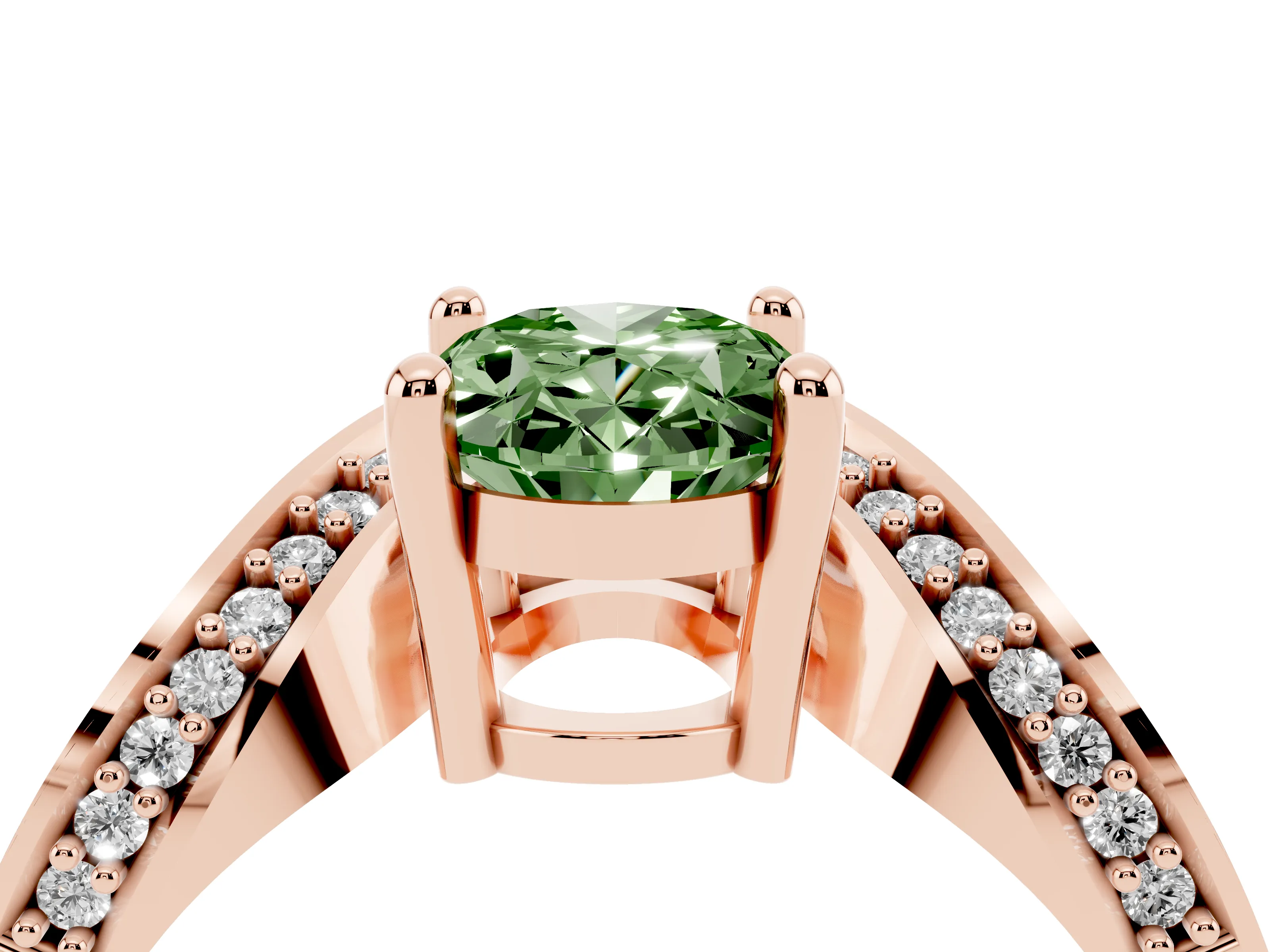 Fancy Green Oval Cut Diamond Solitaire Engagement Ring Set in Rose gold with Pavé Shoulders