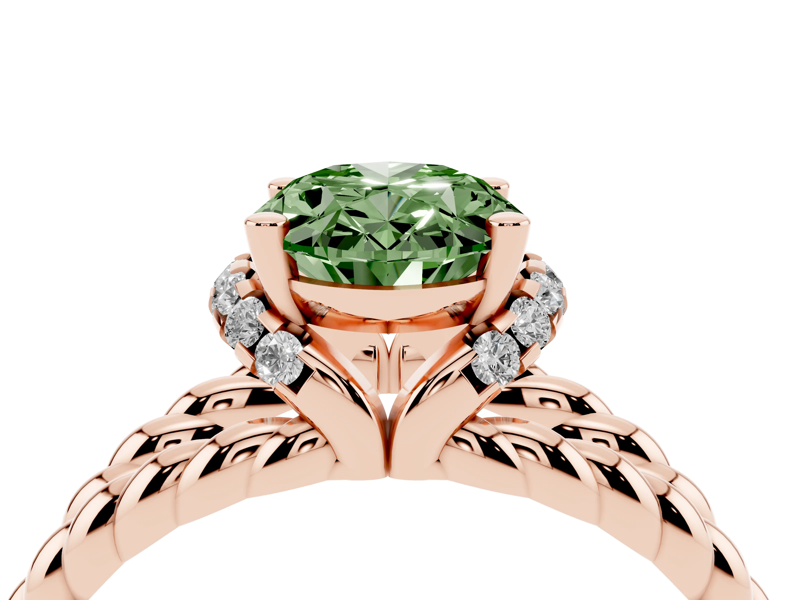 Fancy Green Oval Cut Diamond Halo Ring Set in Rose gold with Twisted Band and Prong Setting