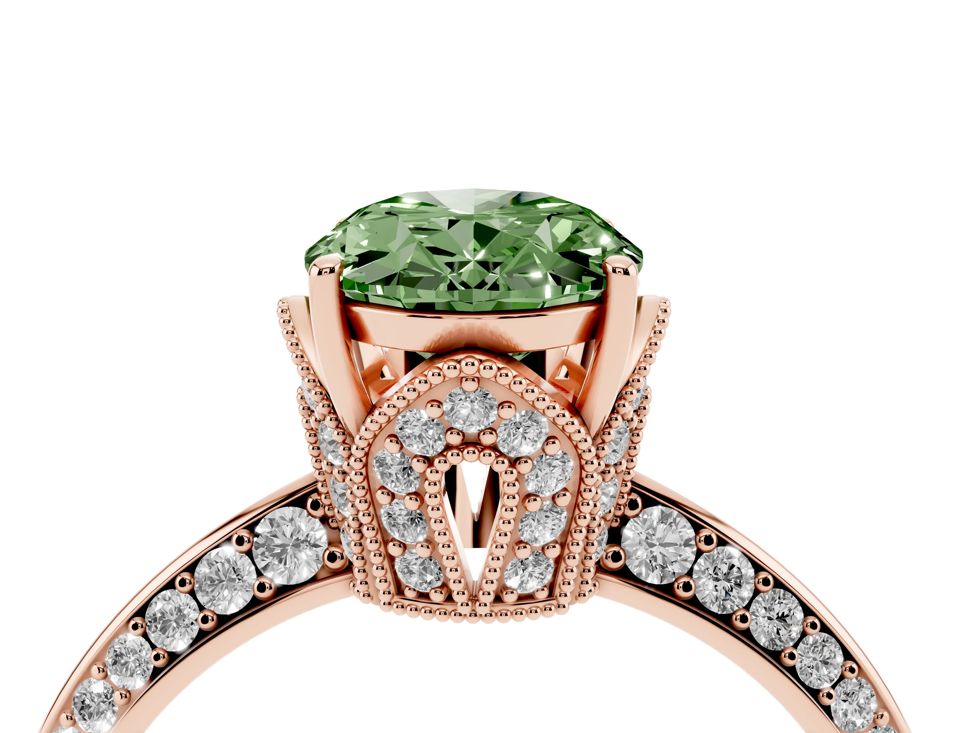 Fancy Green Oval Cut Diamond Solitaire Engagement Ring Set in Rose gold with Pavé Split Shank and Prong Setting