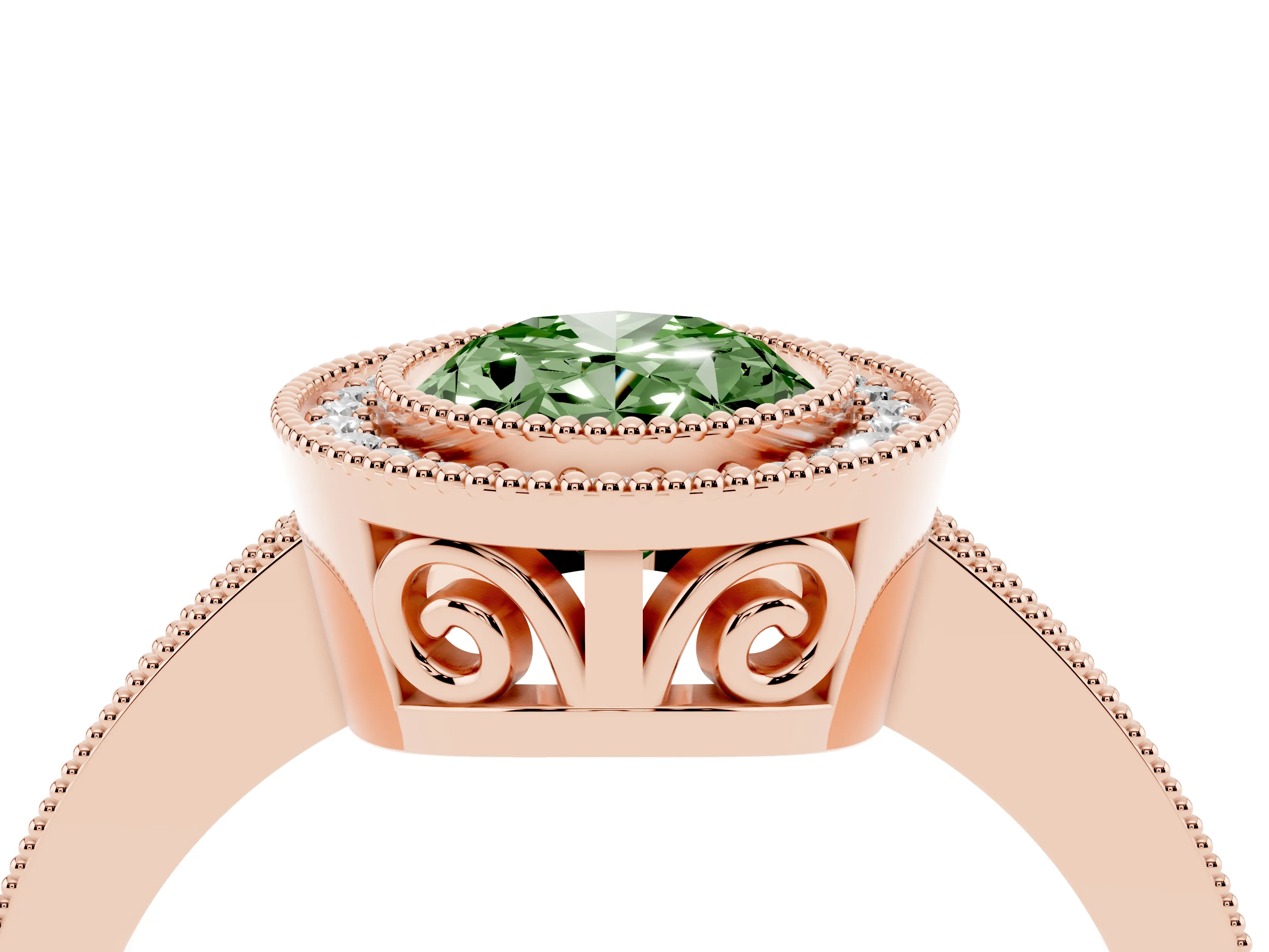 Fancy Green Oval Cut Diamond Round Halo Ring Set in Rose gold with Pavé Band
