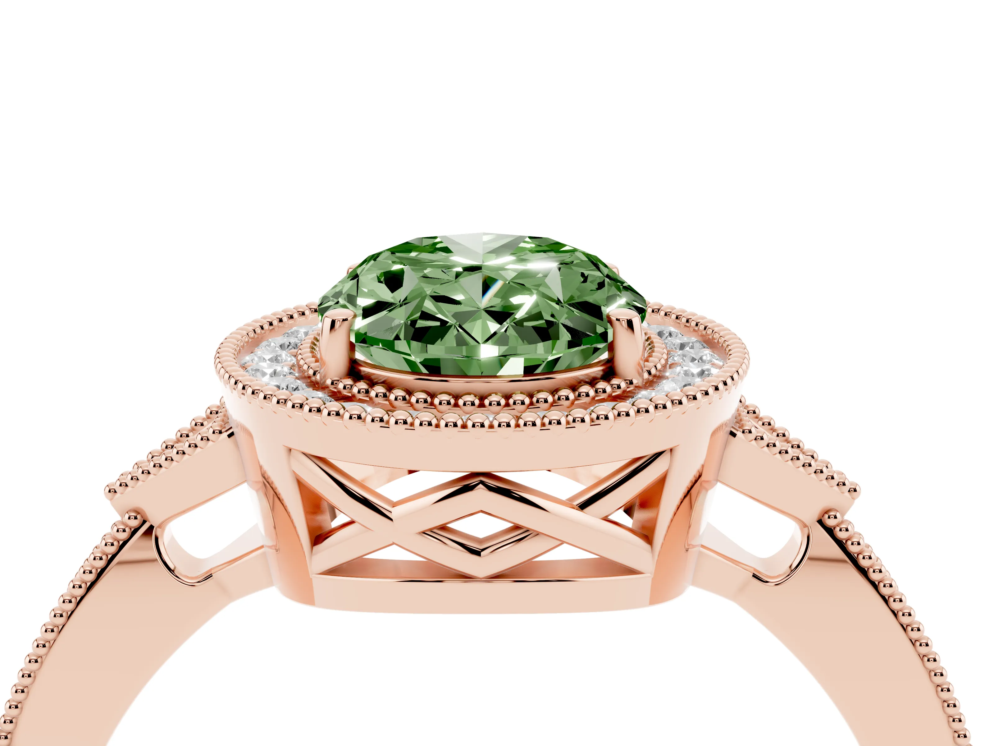 Fancy Green Oval Cut Diamond Halo Engagement Ring Set in Rose gold with Milgrain Pavé Band