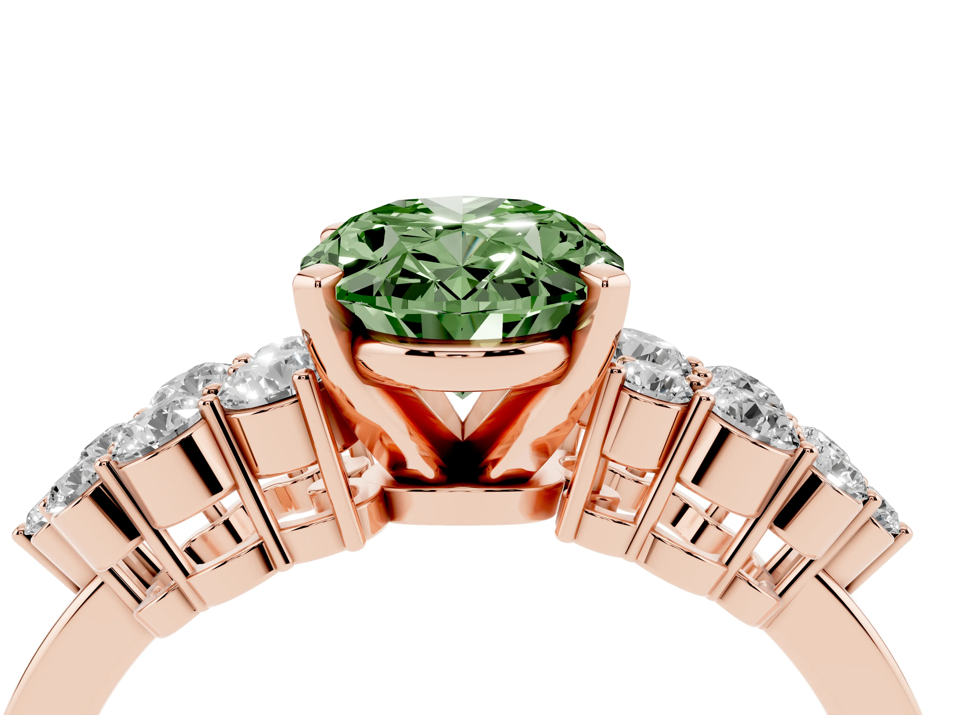 Fancy Green Oval Cut Diamond Cluster Engagement Ring Set in Rose gold with Pavé Band and Prong Setting