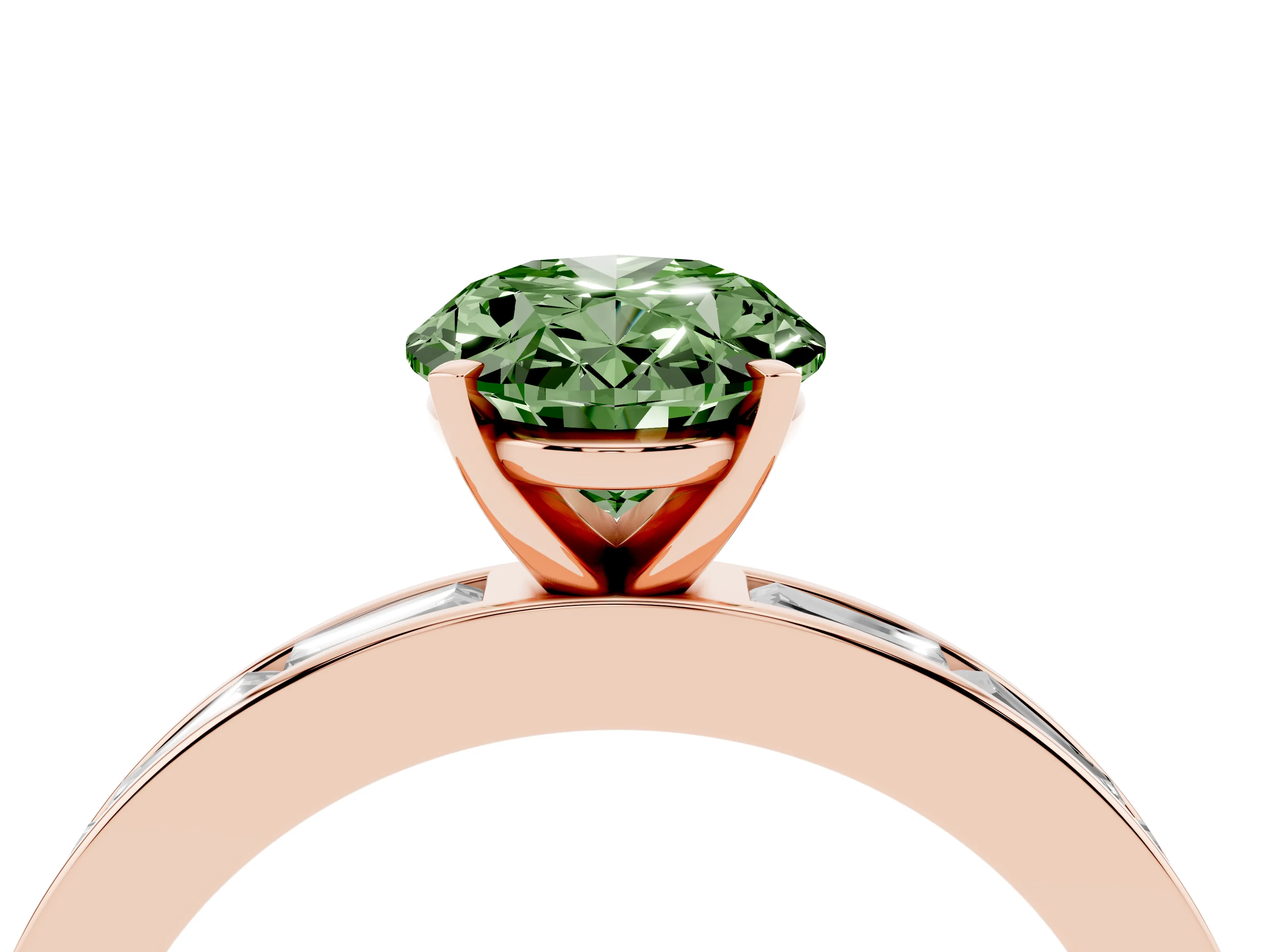 Fancy Green Oval Cut Diamond Solitaire Ring Set in Rose gold with Channel-Set Baguette Band and Prong Setting