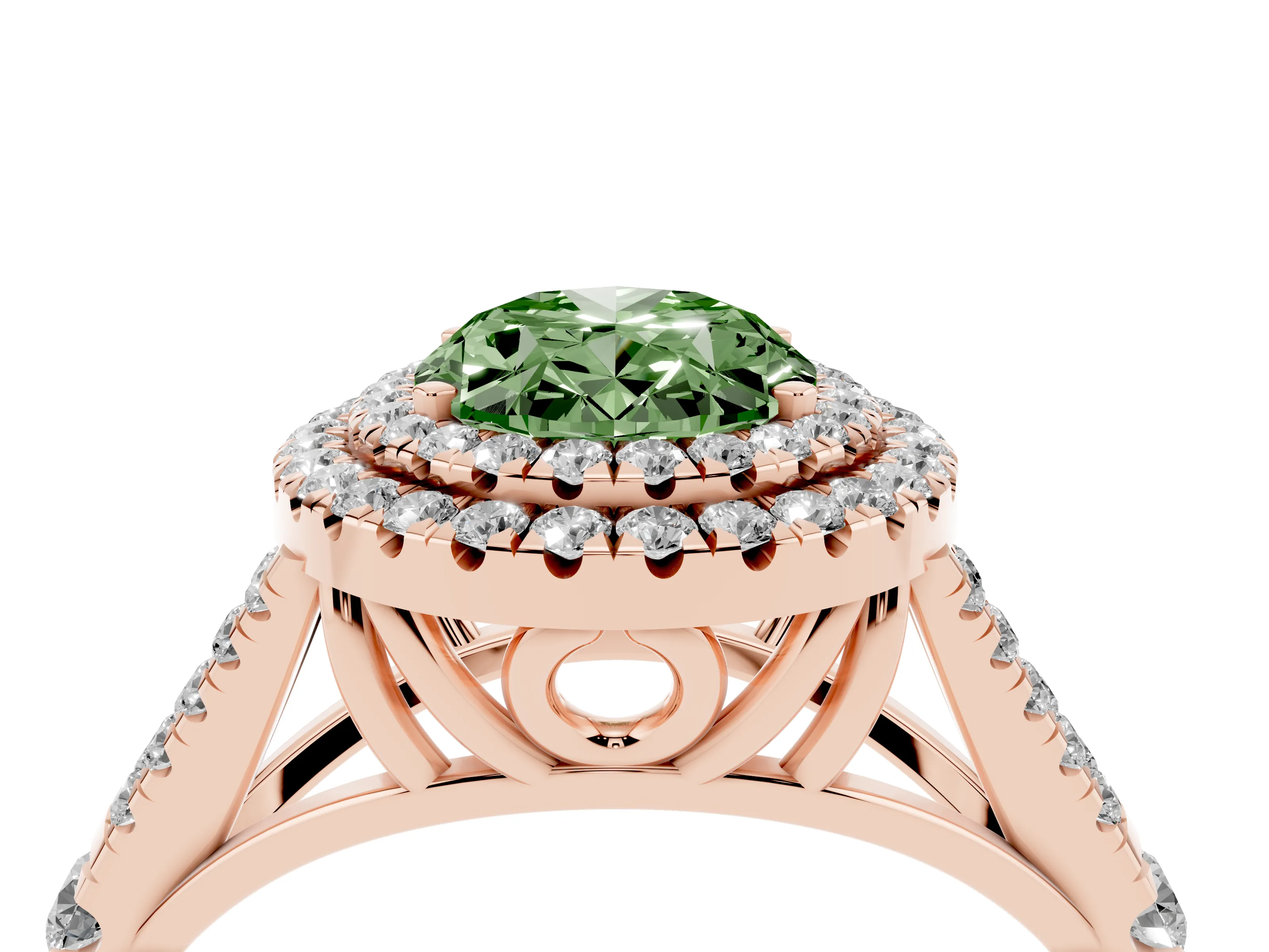 Fancy Green Oval Cut Diamond Pavé Split Shank Double Halo Engagement Ring Set in Rose gold