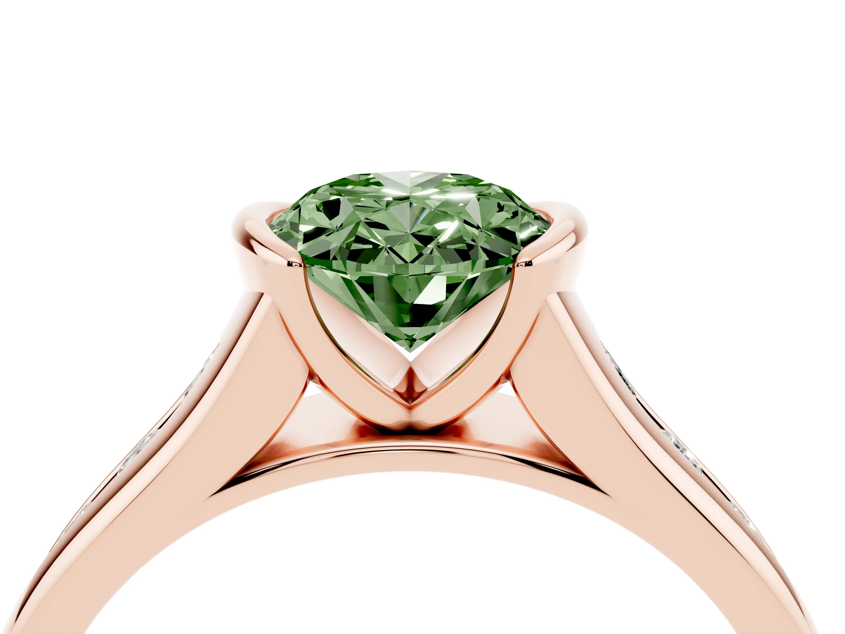 Fancy Green Oval Cut Diamond Bezel-Set Solitaire Ring Set in Rose gold with Channel-Set Band