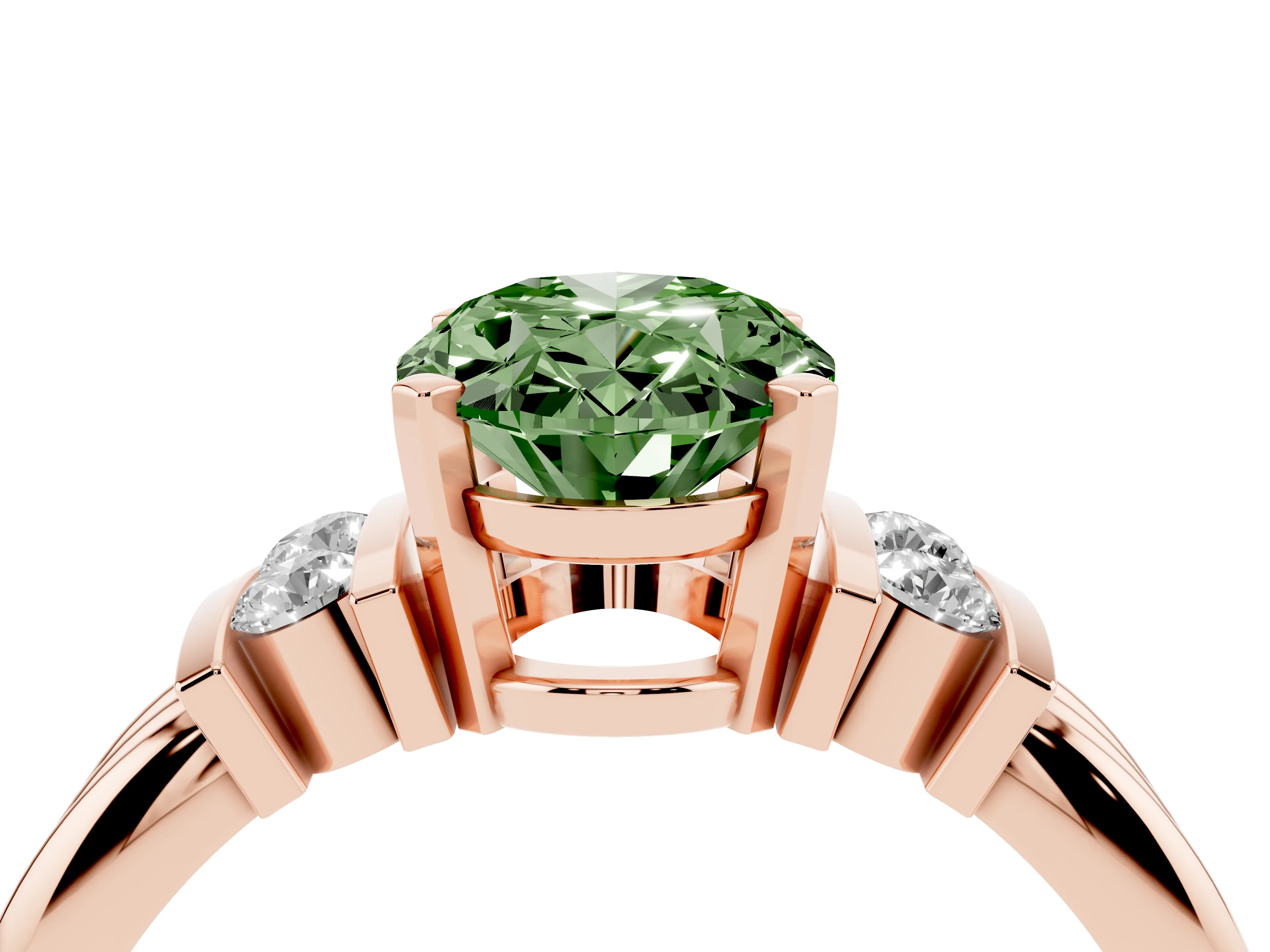 Fancy Green Three-Stone Oval Cut Diamond Channel Set Ring Set in Rose gold with Bar Prongs