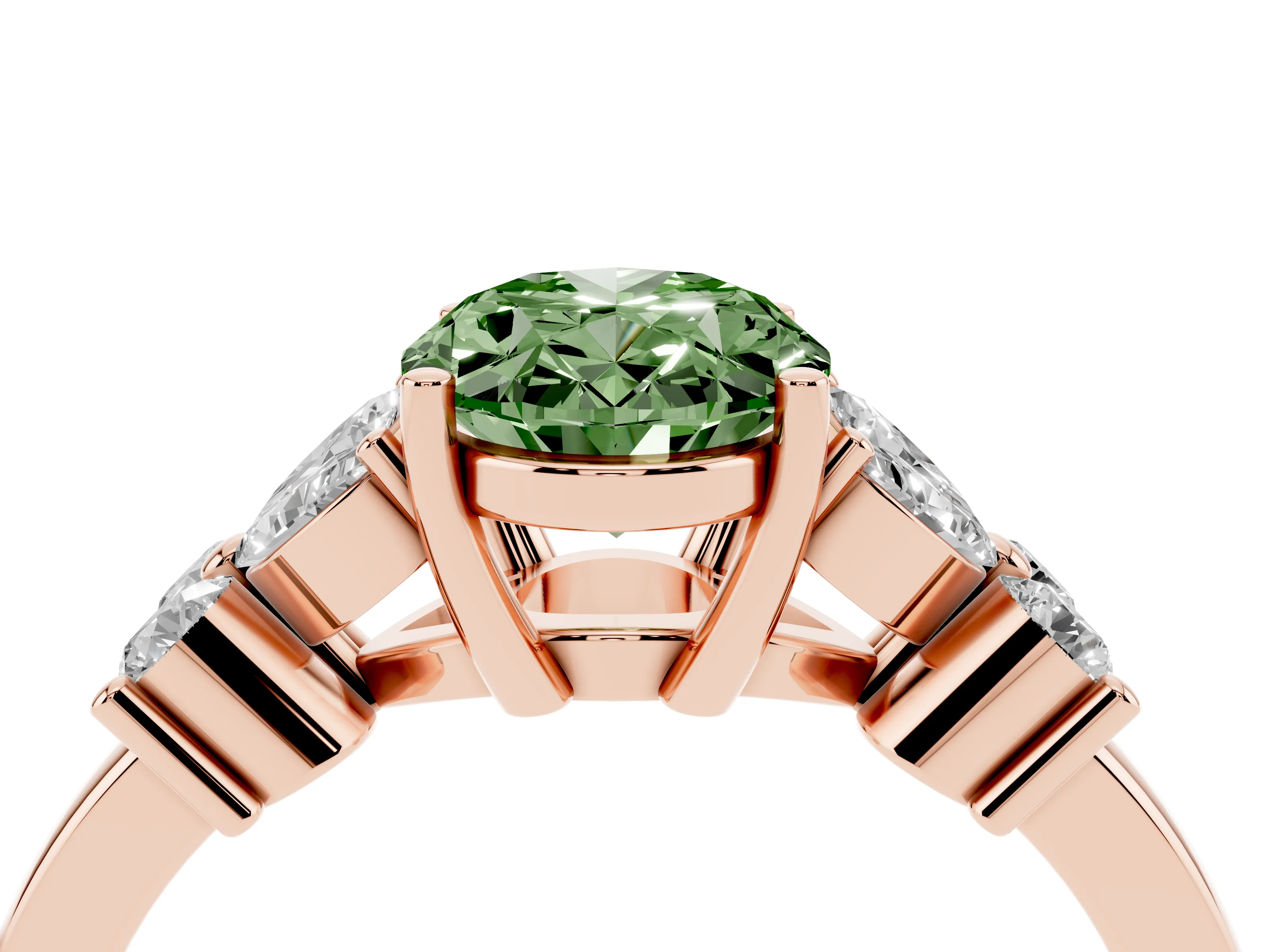 Fancy Green Oval Cut Diamond Floral Cluster Ring Set in Rose gold with Marquise Petals and Prong Setting