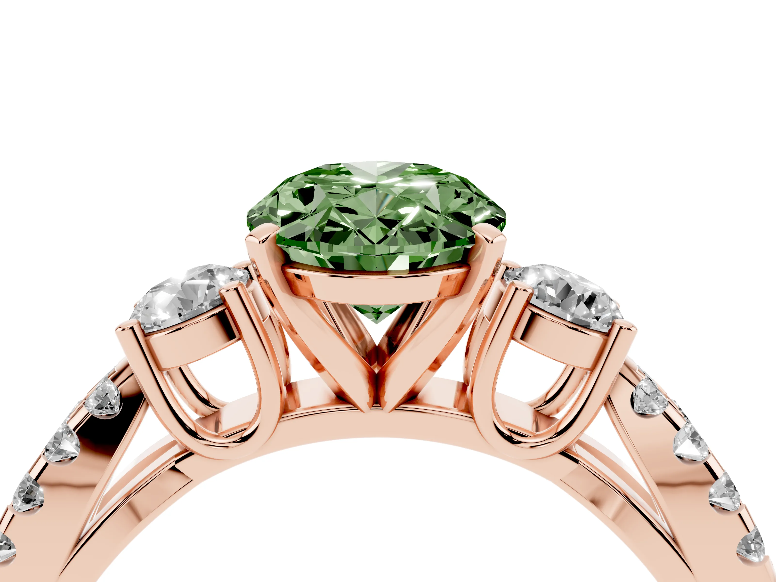 Fancy Green Oval Cut Diamond Three-Stone Ring Set in Rose gold with Pavé Split Shank and Prong Setting