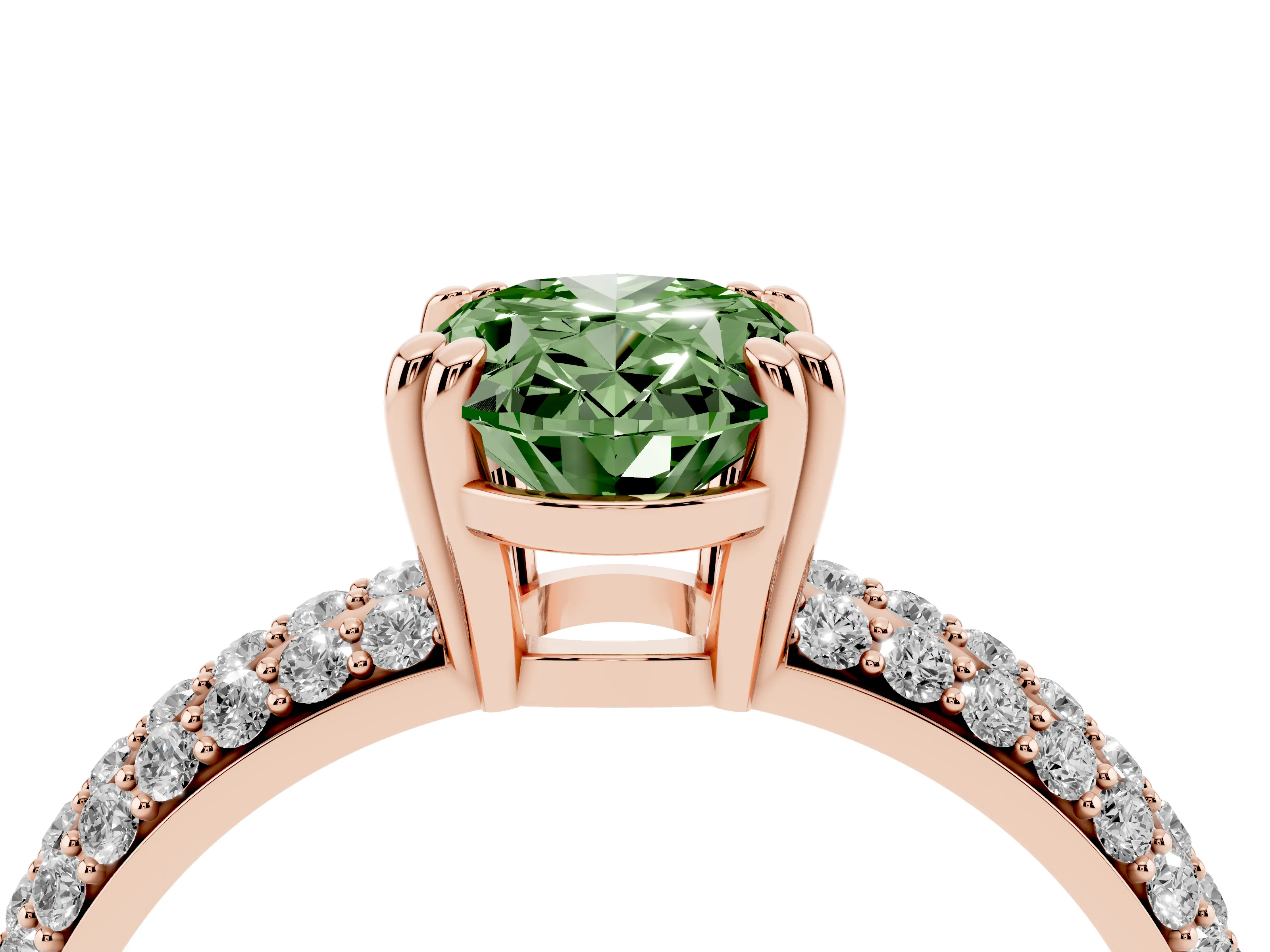 Fancy Green Oval Cut Diamond Solitaire Ring Set in Rose gold with Multi-Row Round Pavé Band and Prong Setting