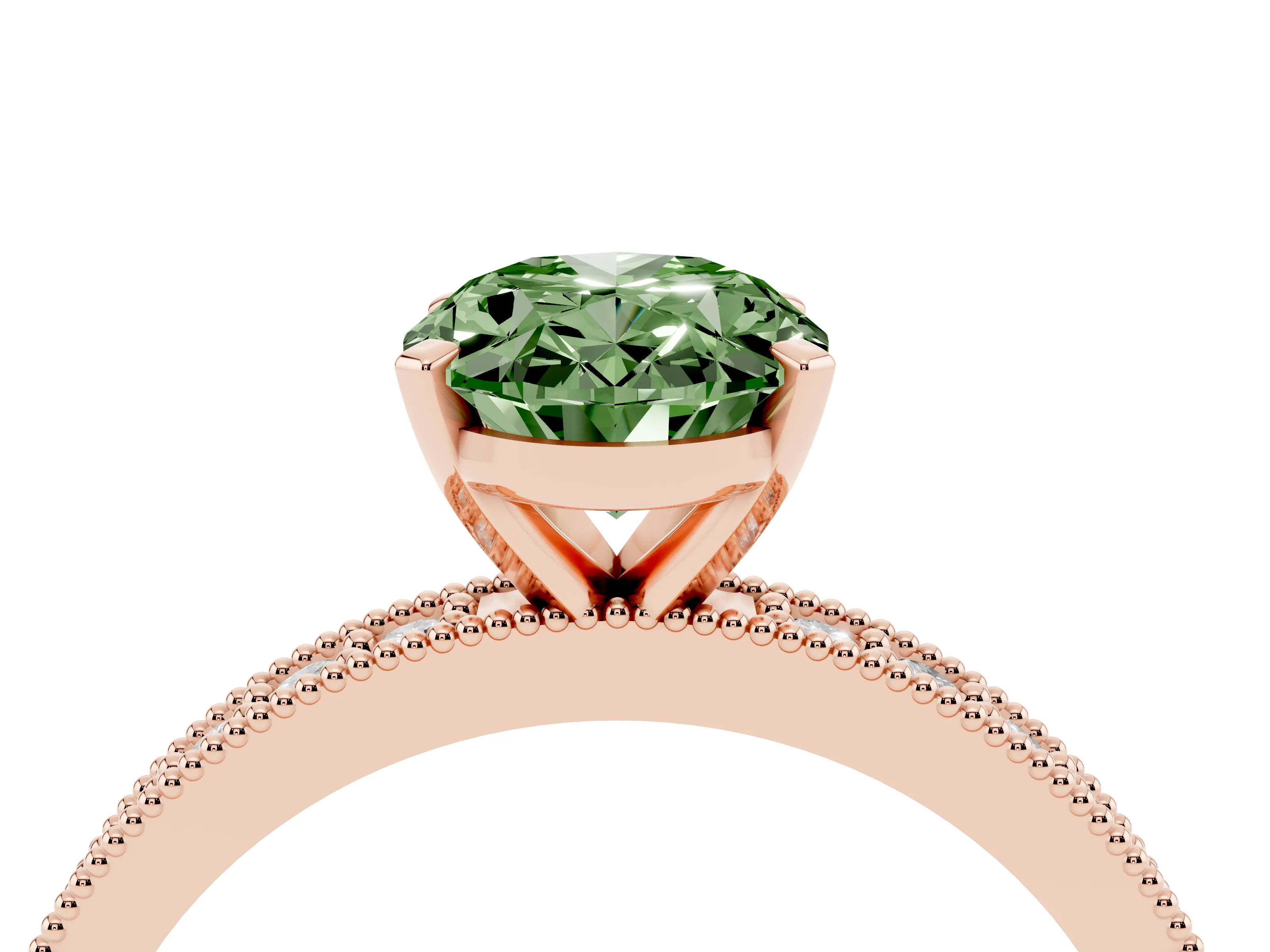 Fancy Green Oval Cut Diamond Milgrain Pavé Engagement Ring Set in Rose gold with Prong Setting