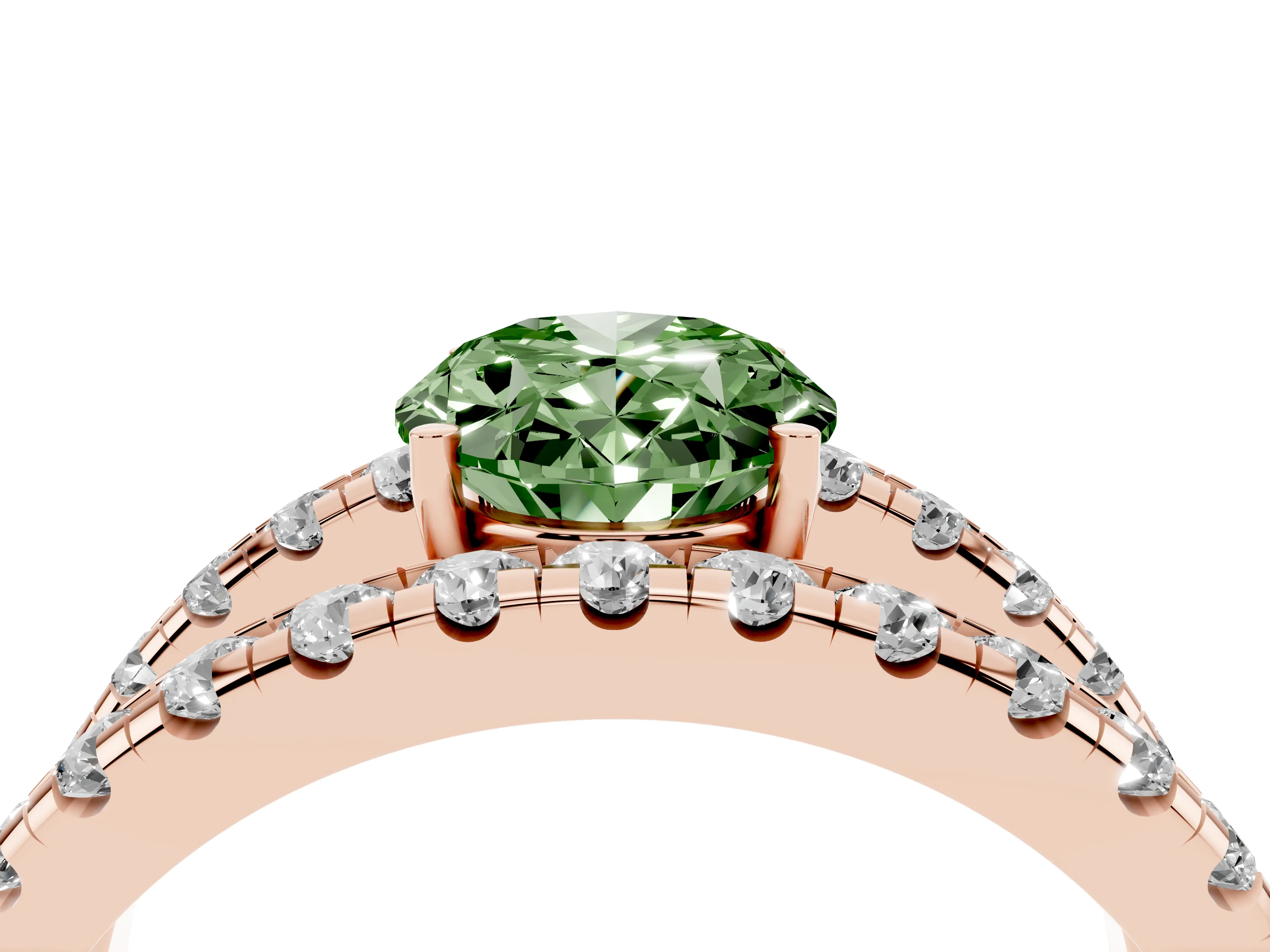 Fancy Green Oval Cut Diamond Split Shank Pavé Solitaire Ring Set in Rose gold with Open Shank Design