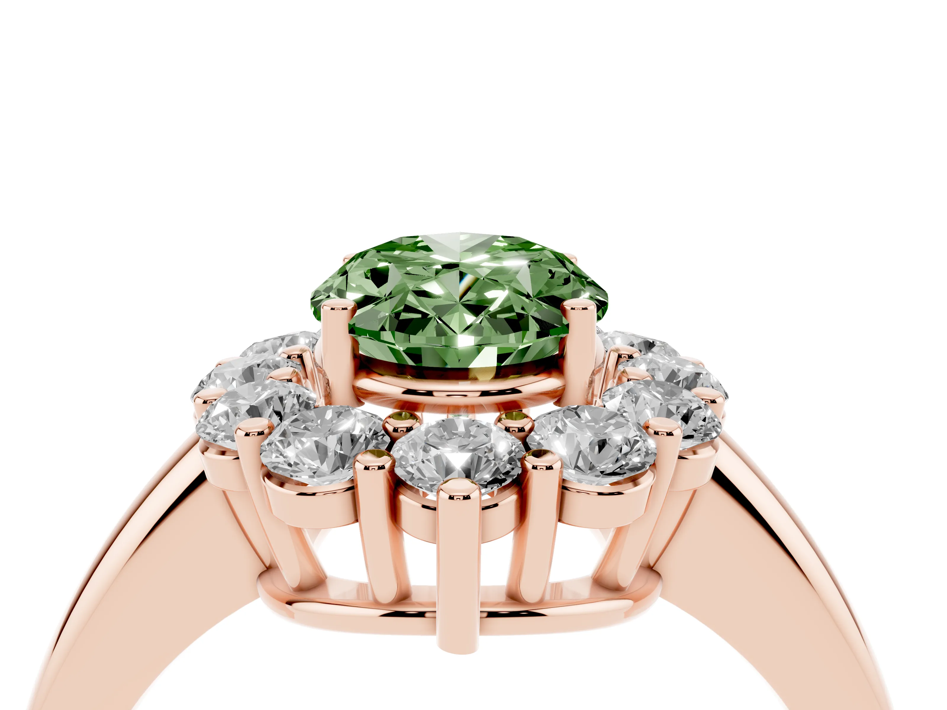 Fancy Green Oval Cut Diamond Halo Cluster Engagement Ring Set in Rose gold with Polished Band and Prong Setting