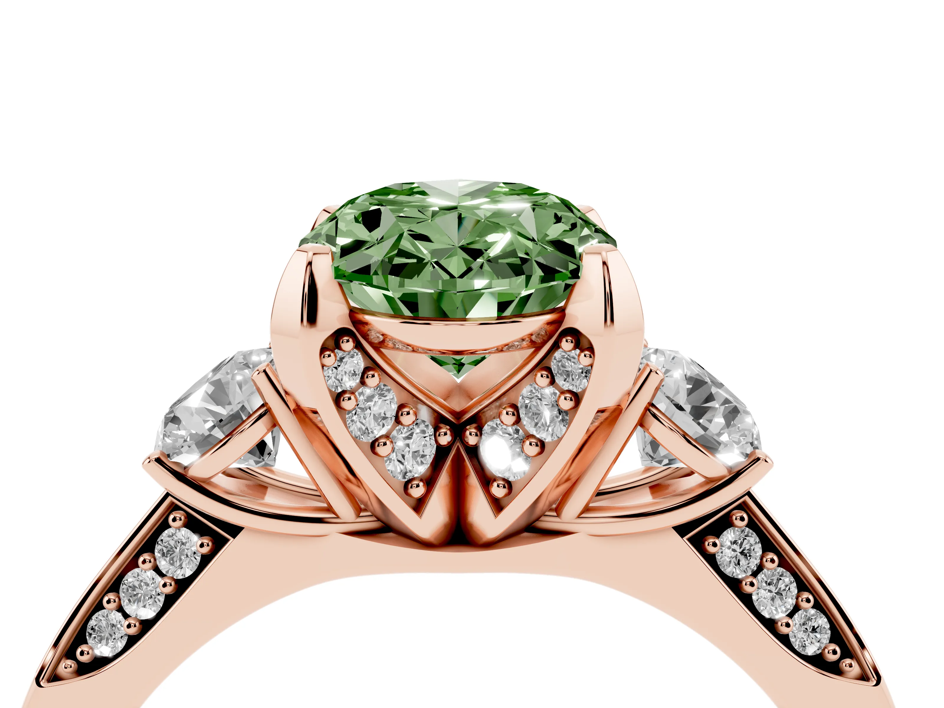 Fancy Green Oval Cut Diamond Three-Stone Ring Set in Rose gold with Pavé Band and Smaller Side Stones